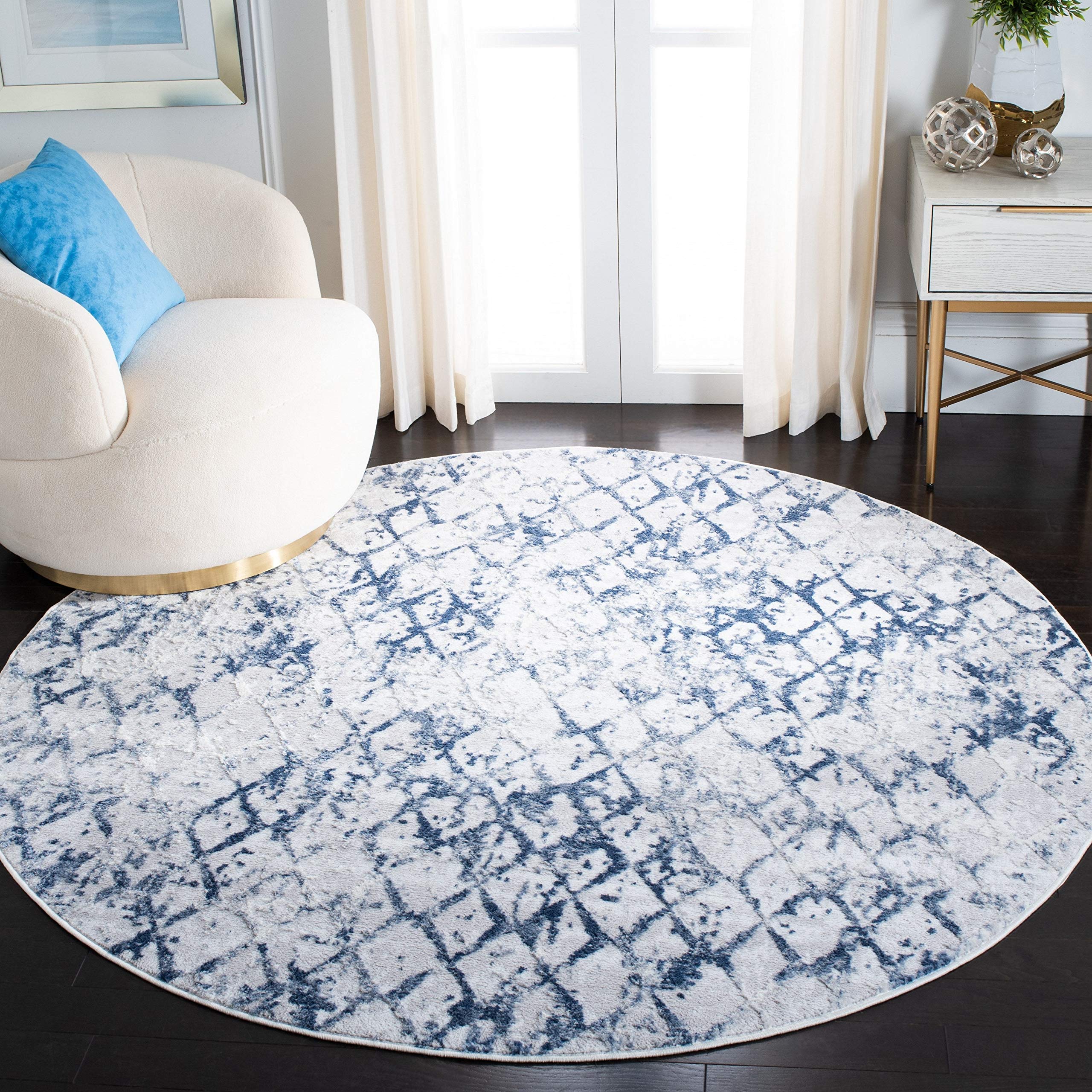 SAFAVIEH Amelia Collection 53 Round Grey / Navy ALA783H Modern Trellis Distressed Non-Shedding Dining Room Entryway Foyer Livin