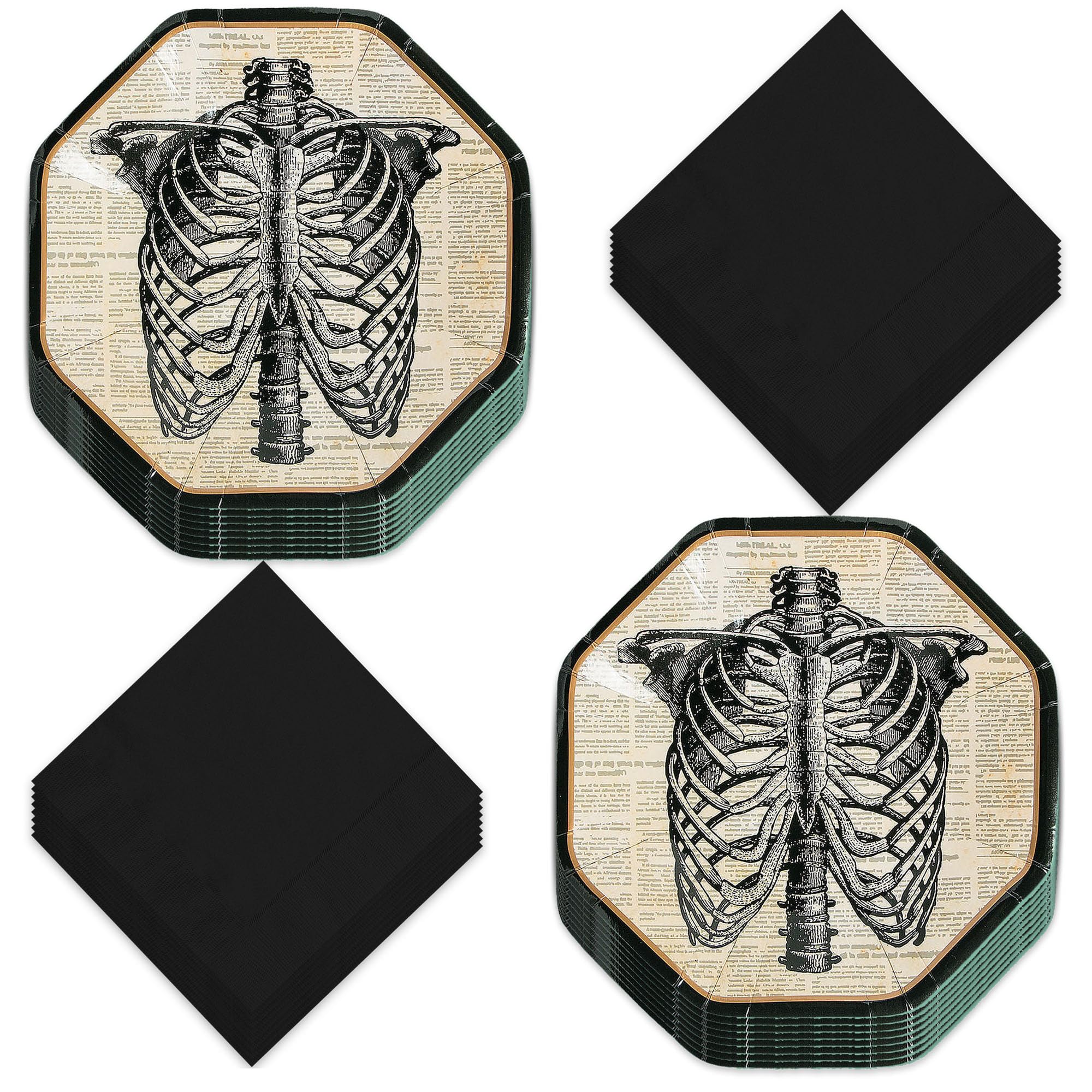 Vintage Halloween Party Creepy Skeleton Paper Dessert Plates and Napkins (Serves 16)