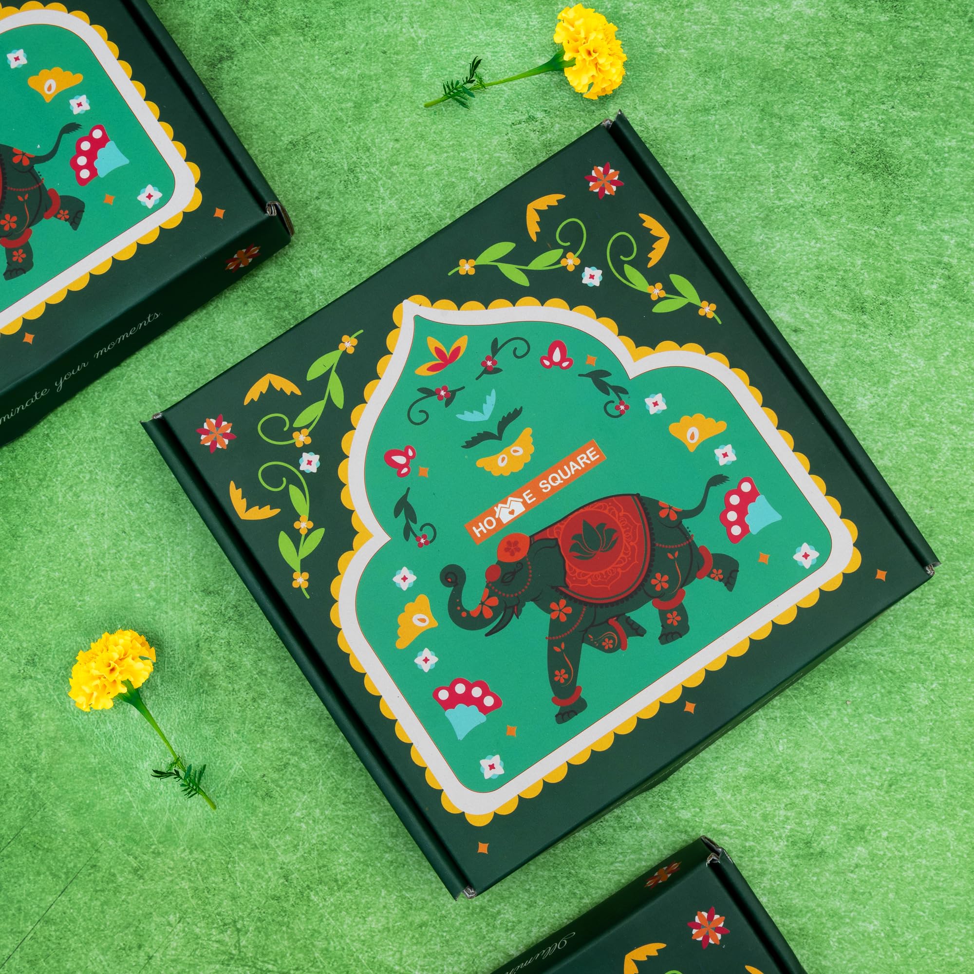 HomeSquare Tealight Holder Decorative Diwali Diya with Artificial Flowers & Tealights (Pack of 4)