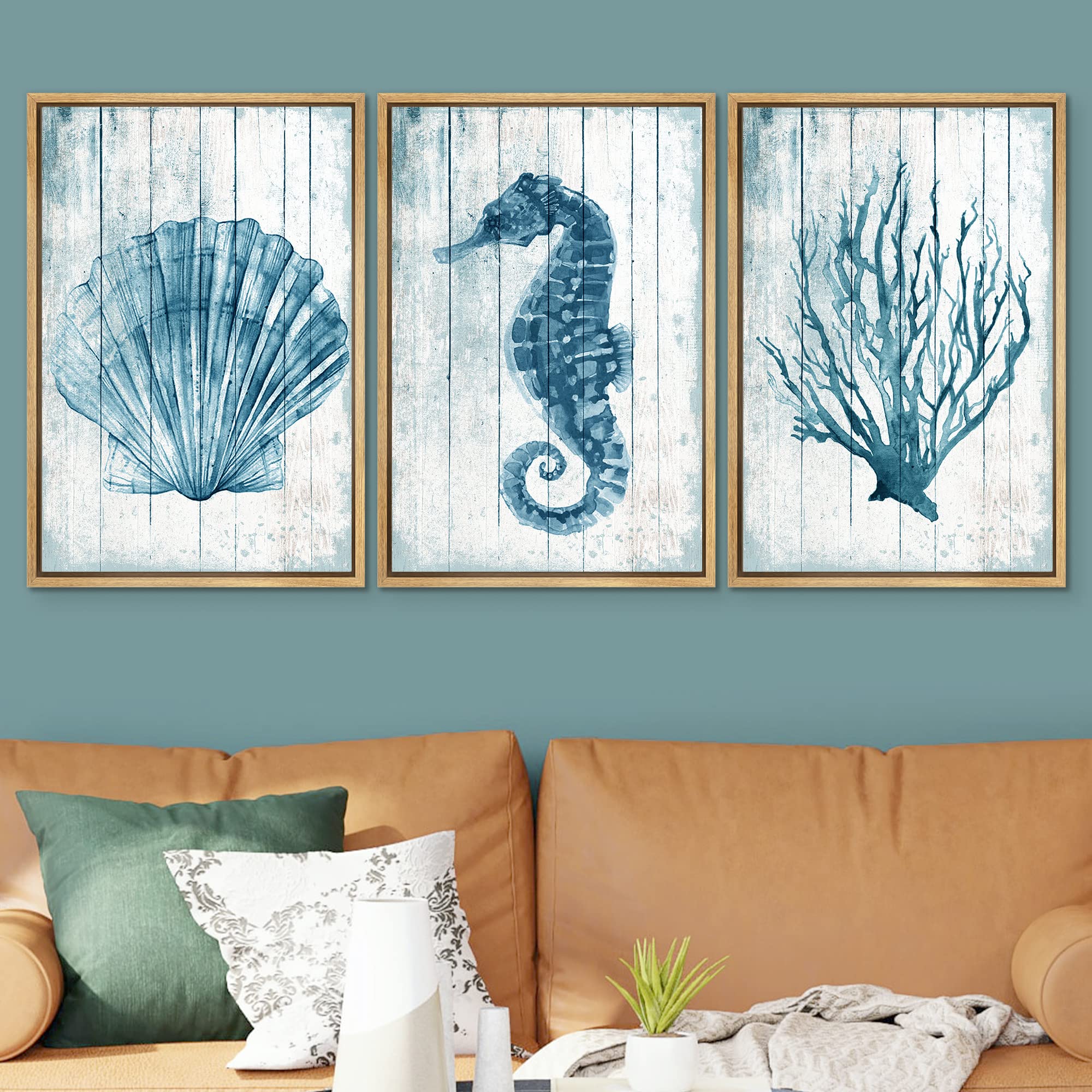 Signwin Framed Canvas Print Wall Art Blue Seahorse And Seashell With Coral Decorative Shapes Illustrations Modern Art Rustic Rel