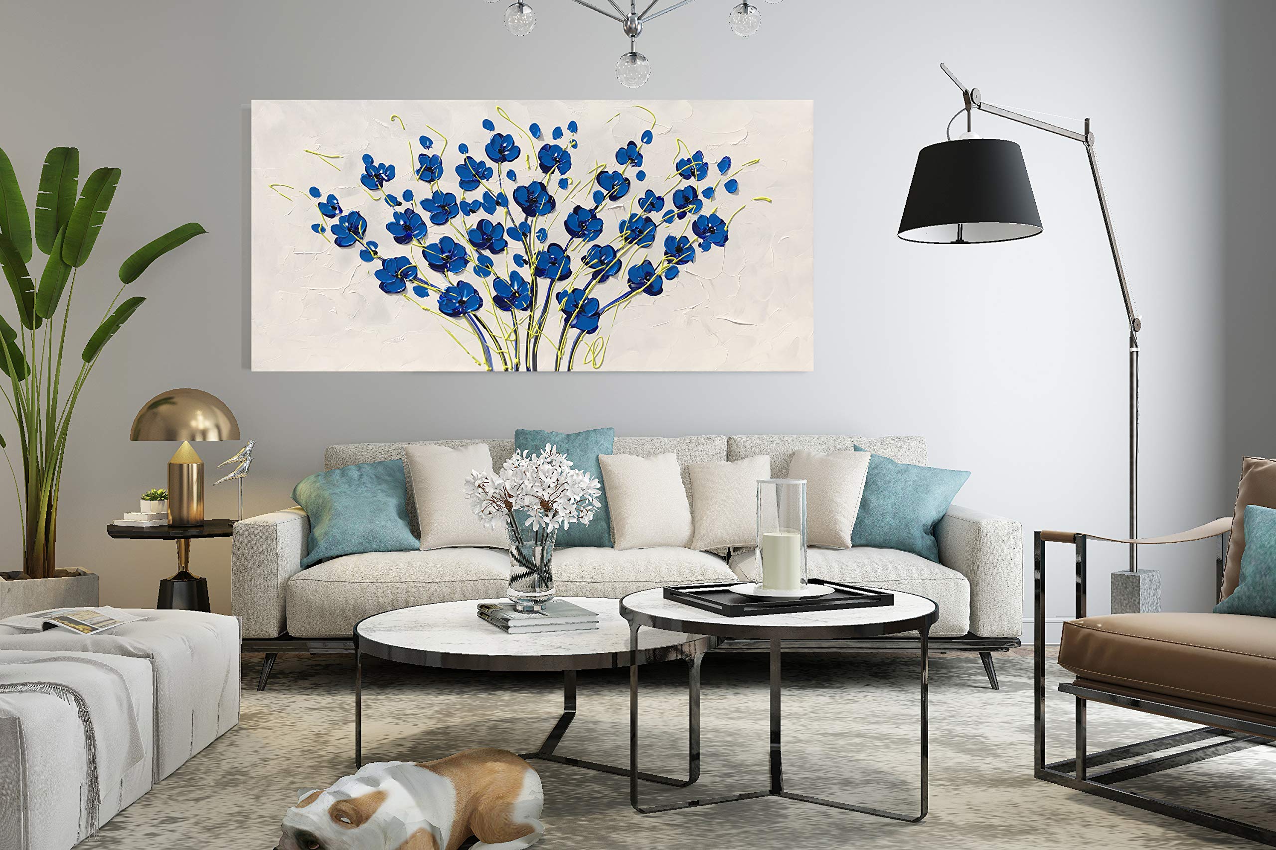 Yihui Arts Blue Flower Canvas Wall Art Painting Pictures Modern 3D Effect Artwork With Framed For Office Decor