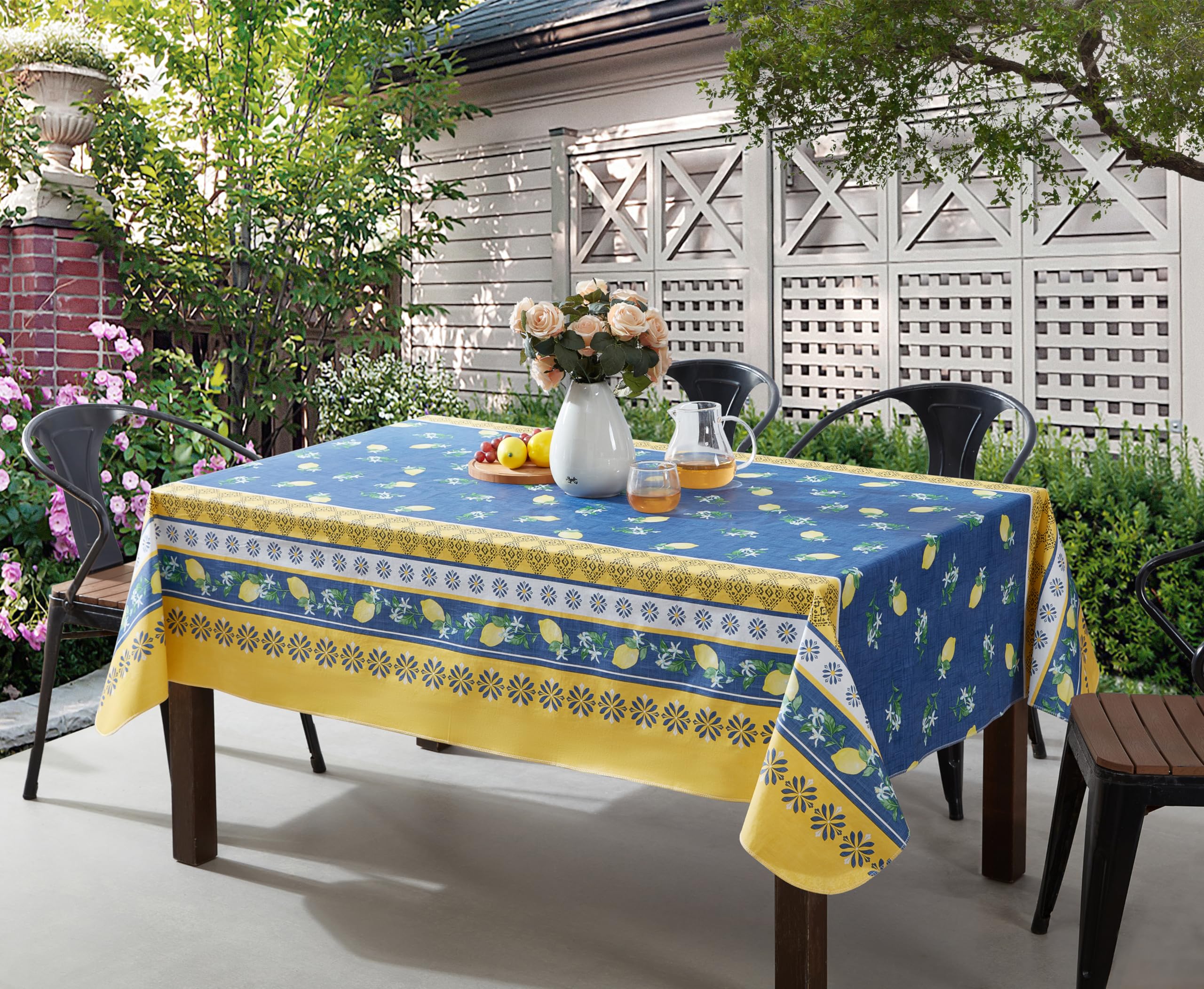Home Bargains Plus Rectangle Vinyl Tablecloth With Flannel Backing, 52 X 70 Inch, French Country Lemon Grove, Yellow And Blue Le