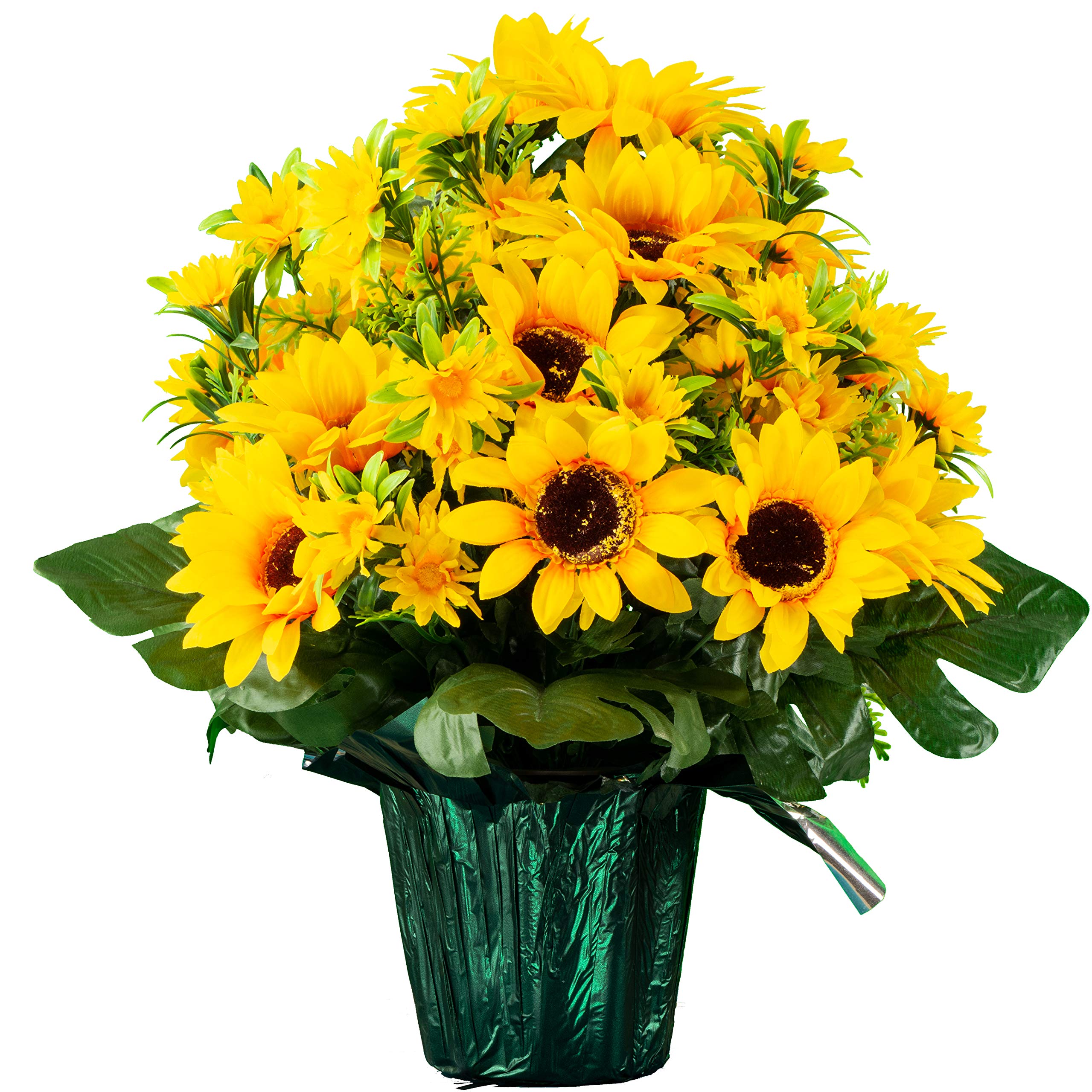 Sympathy Silks Artificial Cemetery Flowers - Grave Flowers for Cemetery - Yellow Sunflower Saddle for Headstone