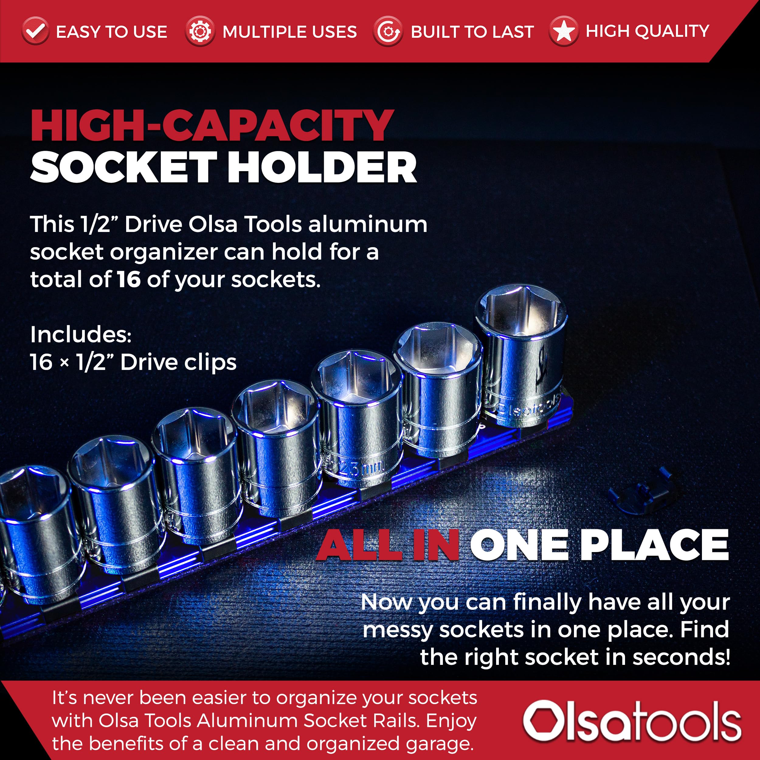 Olsa Tools 12-Inch Drive Aluminum Socket Organizer With Locking End Caps  Professional Quality Socket Holder (Blue)