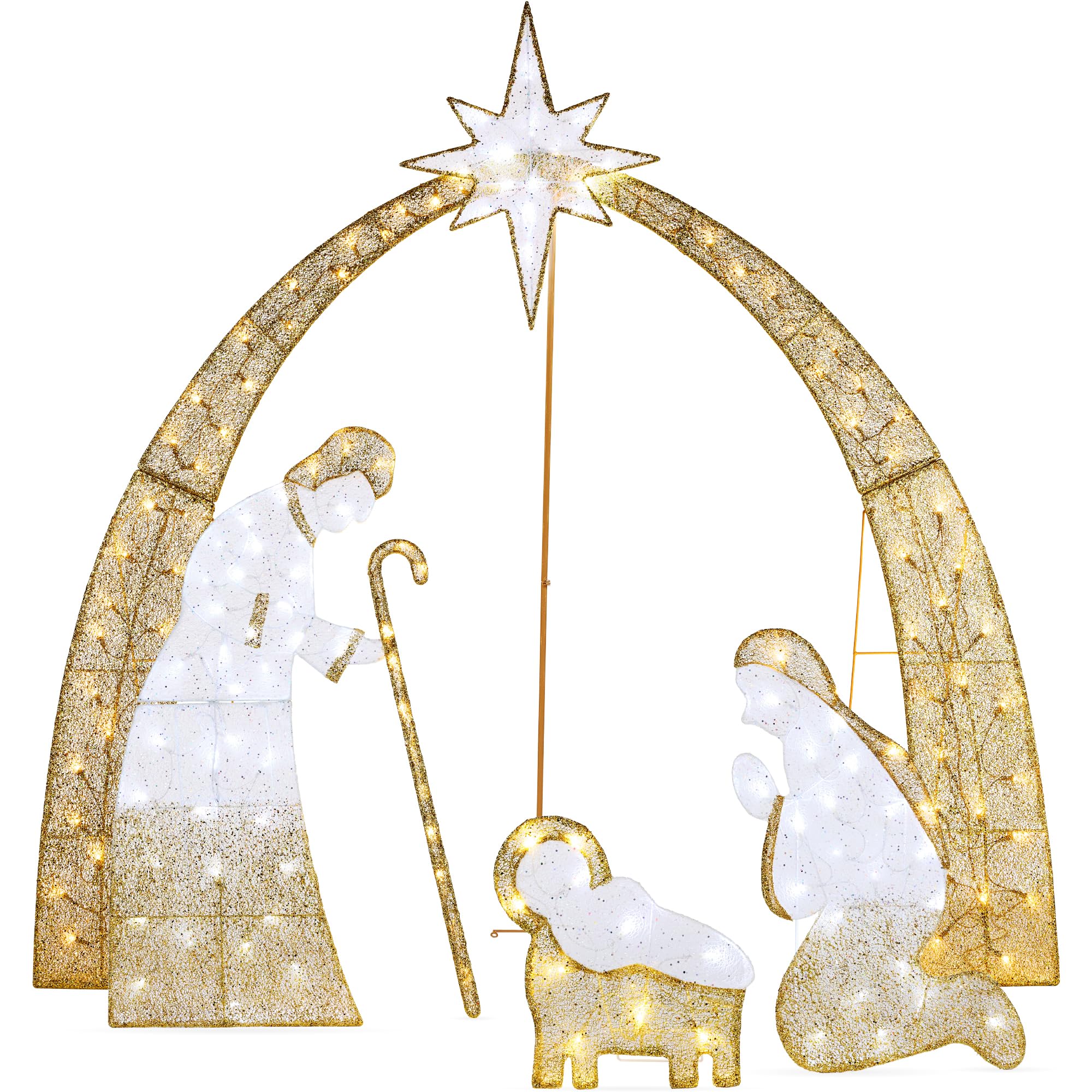 Best Choice Products 6ft Lighted 2D Nativity Scene, Holy Family Yard Decoration, 170 LED Lights, Gold Metal, Model SKY8027