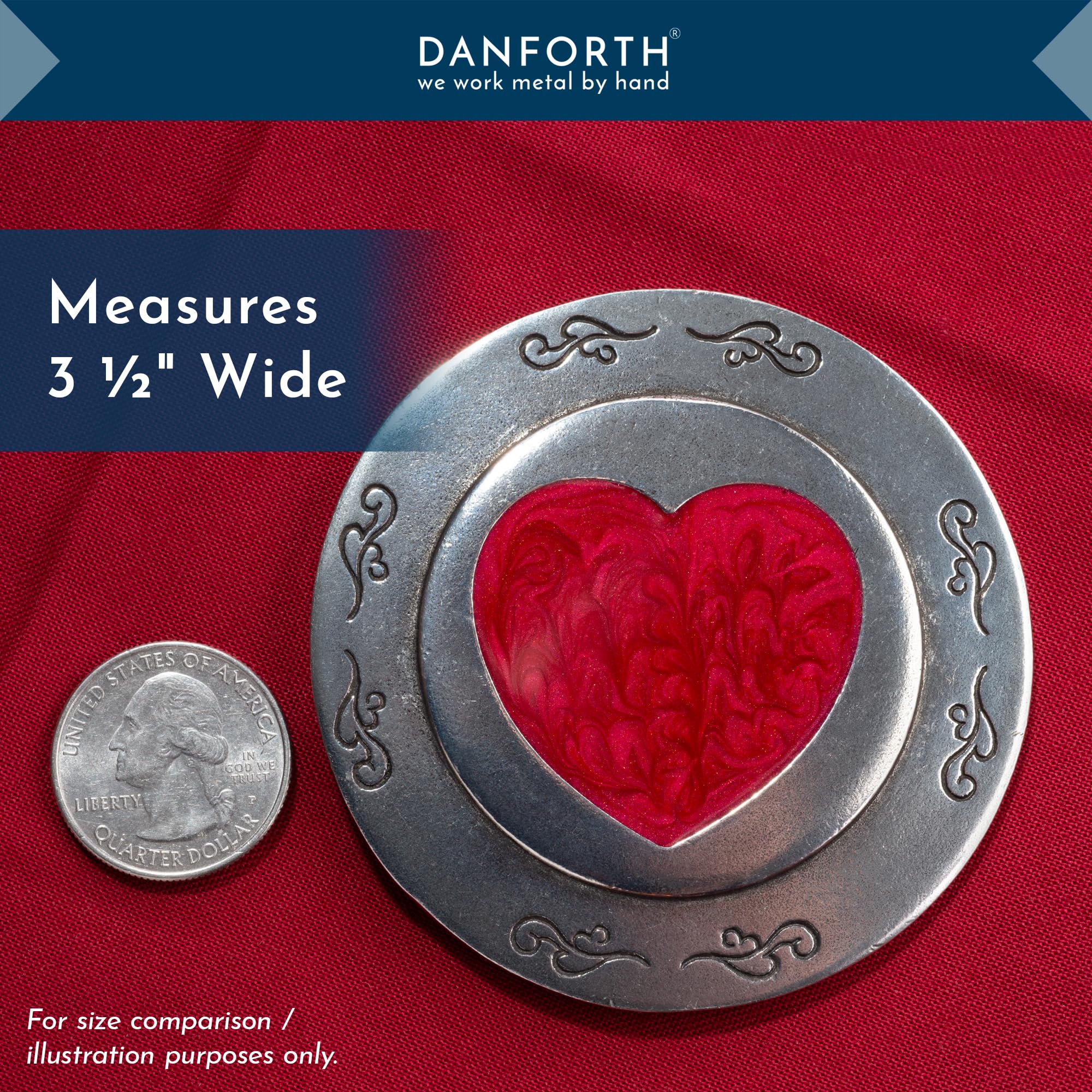 DANFORTH - Hearts Pewter Purse Mirror (Red) - 3 1/2 Inch Diameter - Gift Boxed