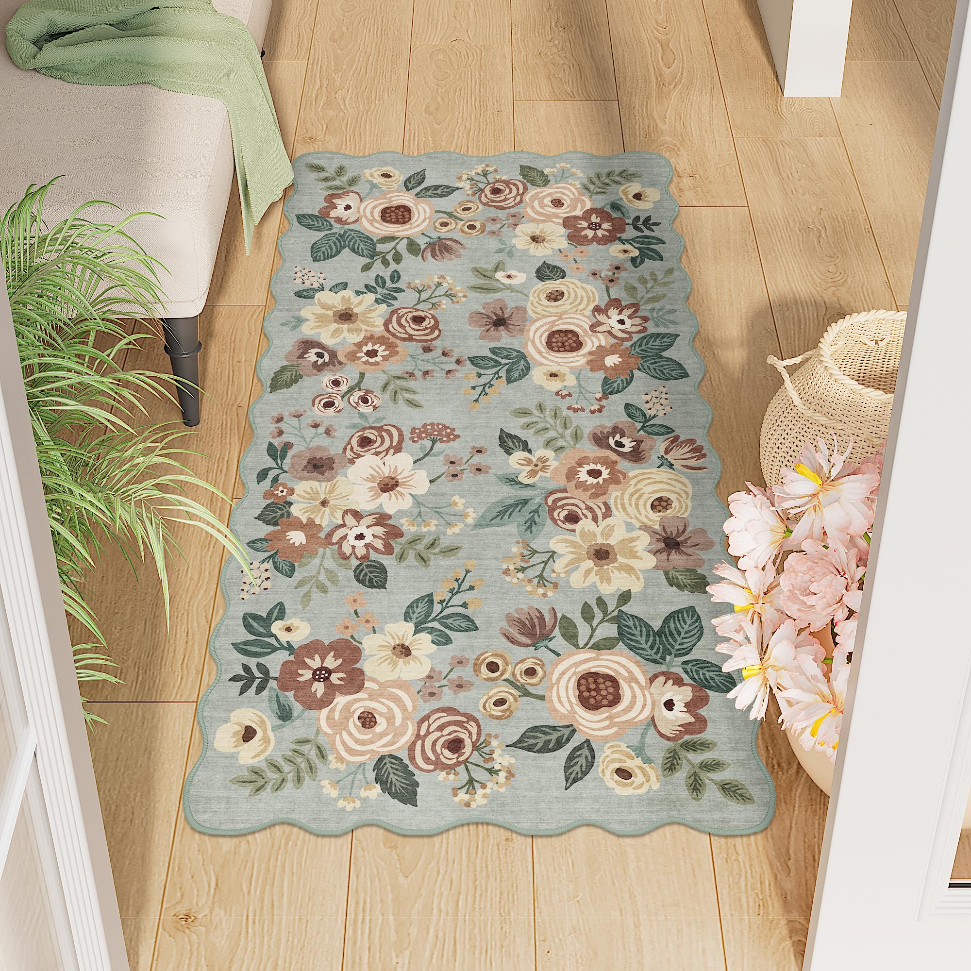 DUKINO 2x4 Washable Runner Rugs, Non Slip Floral Print Entryway Rug with Soft Low Pile, Lightweight Mat for Living Room, Bathroo