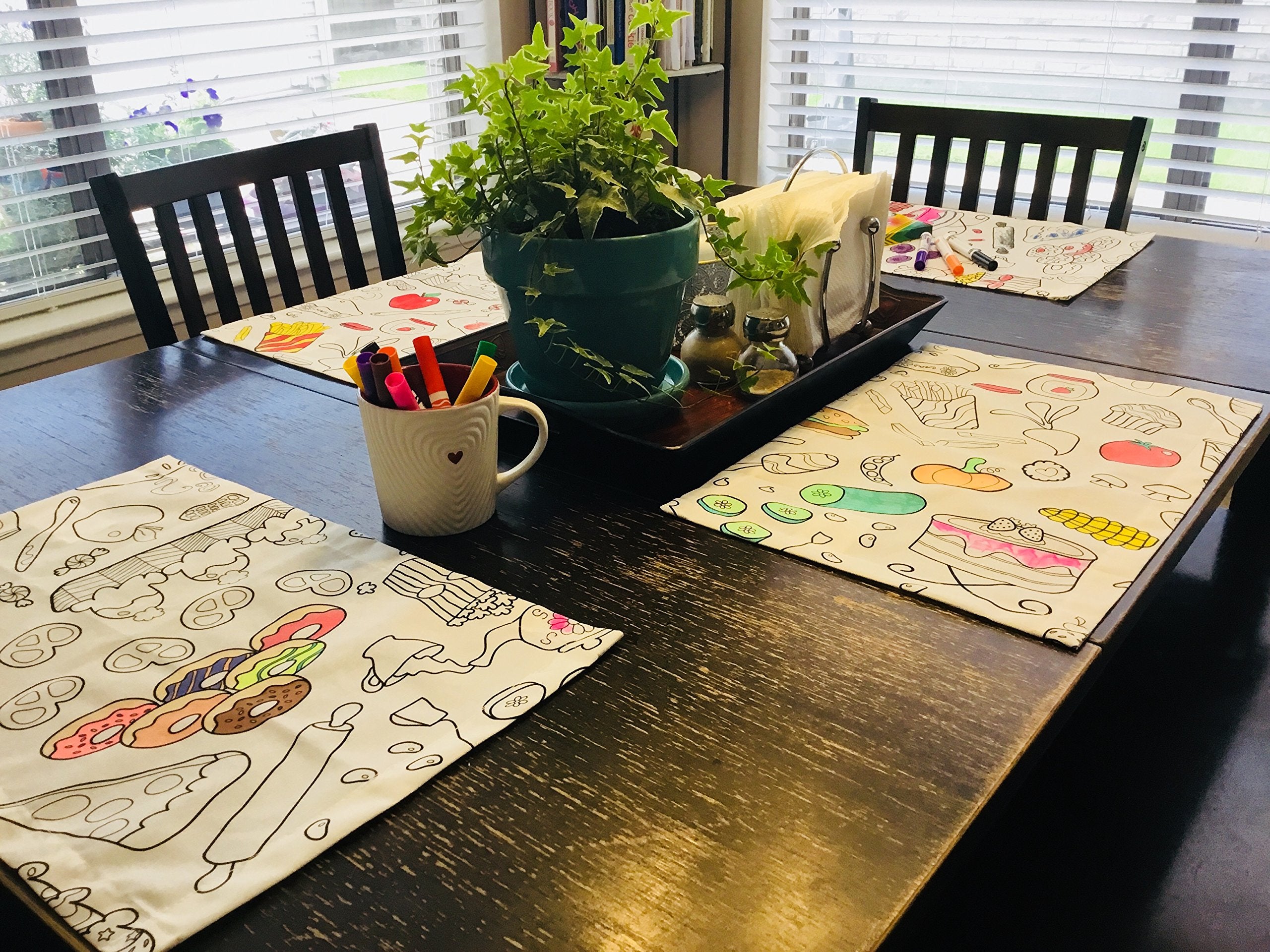 The Coloring Table - Food Fun Design - Set of 4 Placemats (14''x18'') - Fabric Coloring Placemats - Colorable Designs - Washable and Reusable - Coloring Activity for Children and Adults