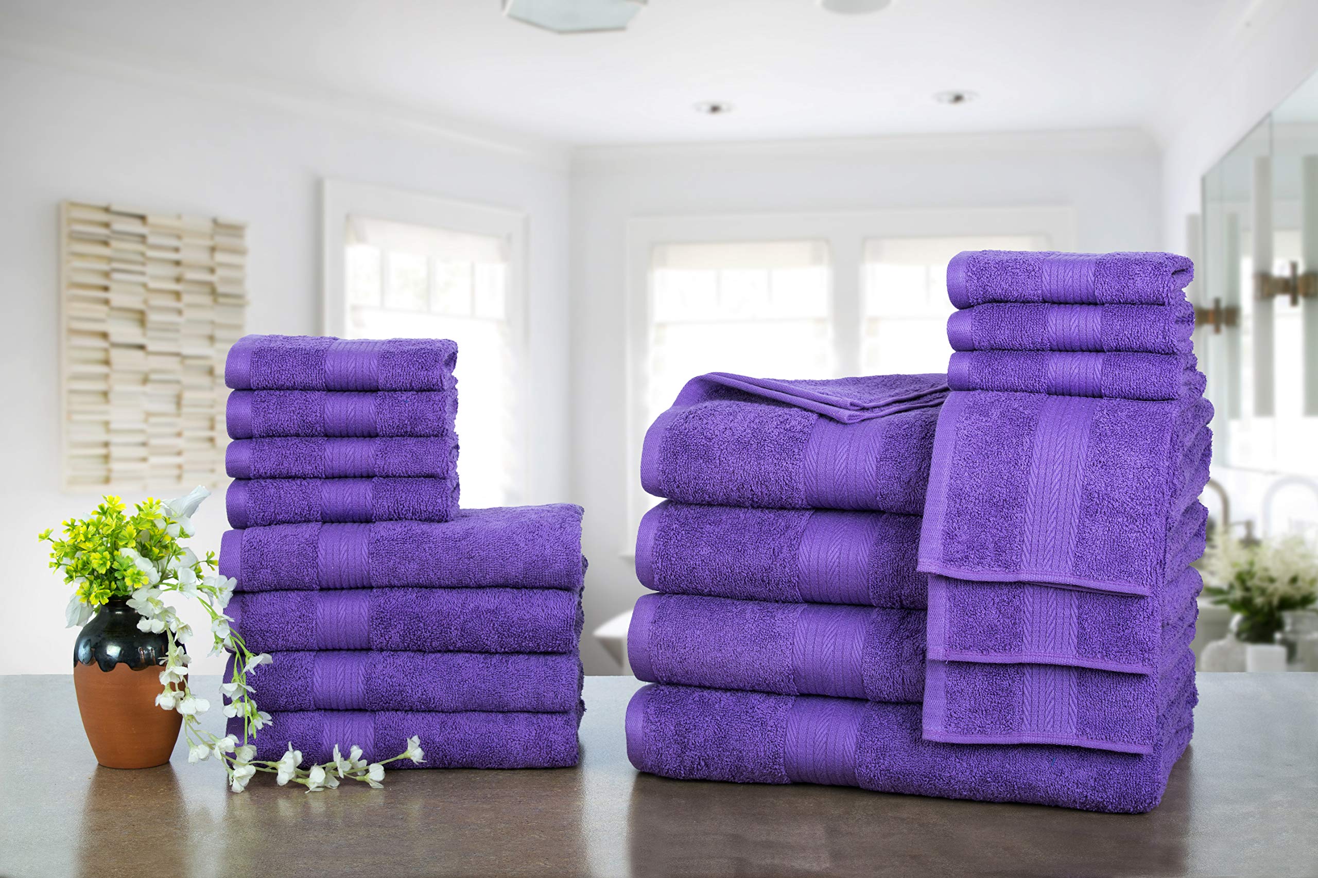 Ample Decor Bathroom Towel Set of 18-4 Hand Towel  4 Bath Towel  10 Wash Cloths - Oeko Tex Certified 600 GSM 100% Cotton - High Absorbency Quick Drying  Ideal for Gifting - Purple