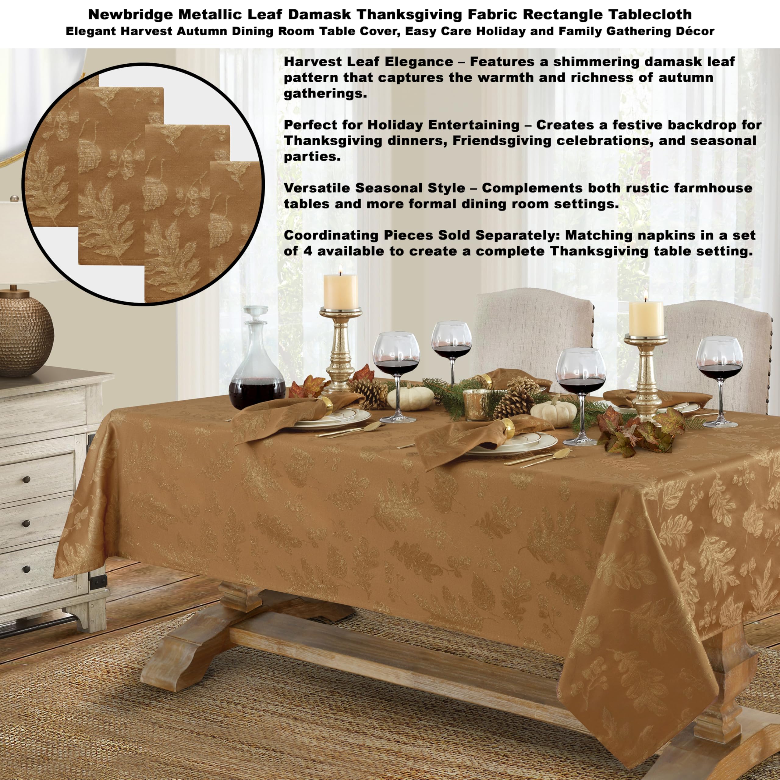 Newbridge Metallic Autumn Leaf Damask Fall  Thanksgiving Fabric Tablecloth  Fall Rustic Swirling Leaves Soil Resistant Easy Care Tablecloth  60? x 144? Oblong/Rectangle  Bronze/Gold