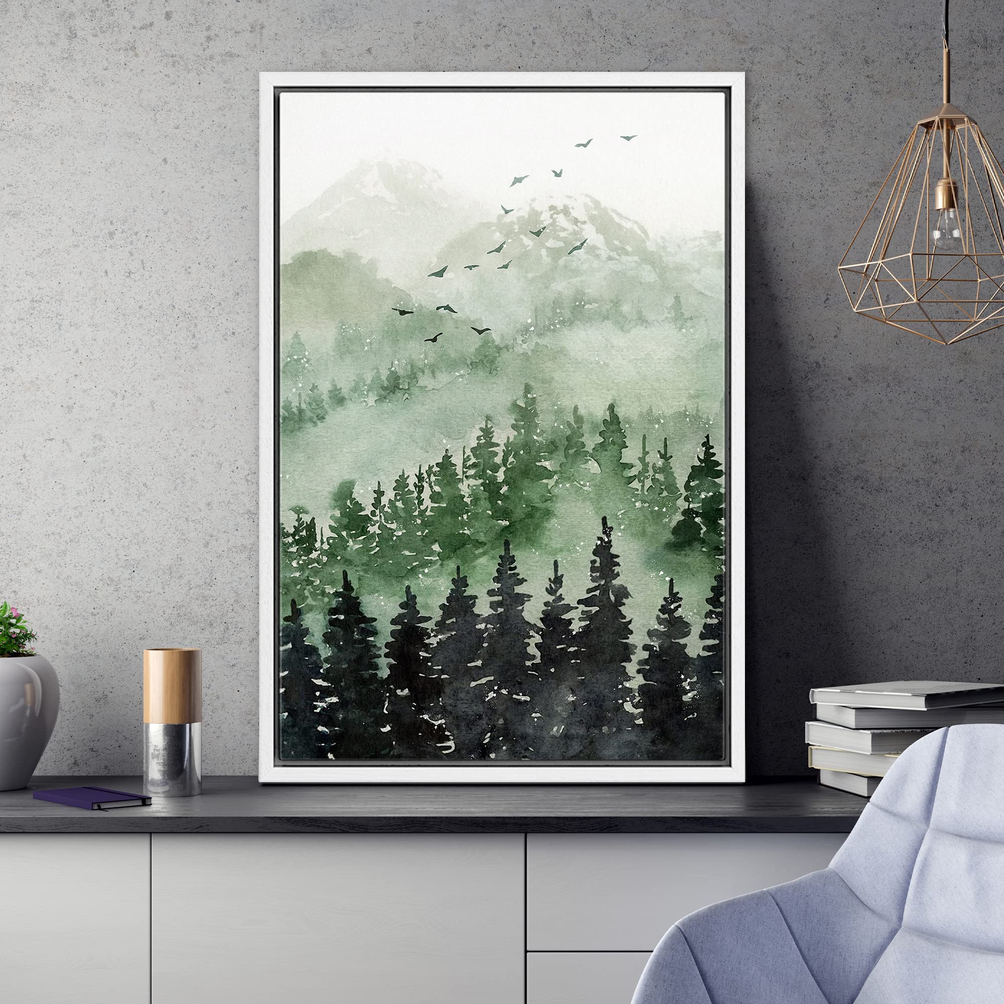 Signwin Framed Canvas Print Wall Art Woodland Nursery Decor Watercolor Pastel Green Mountain Forest Nature Modern Art Decorative