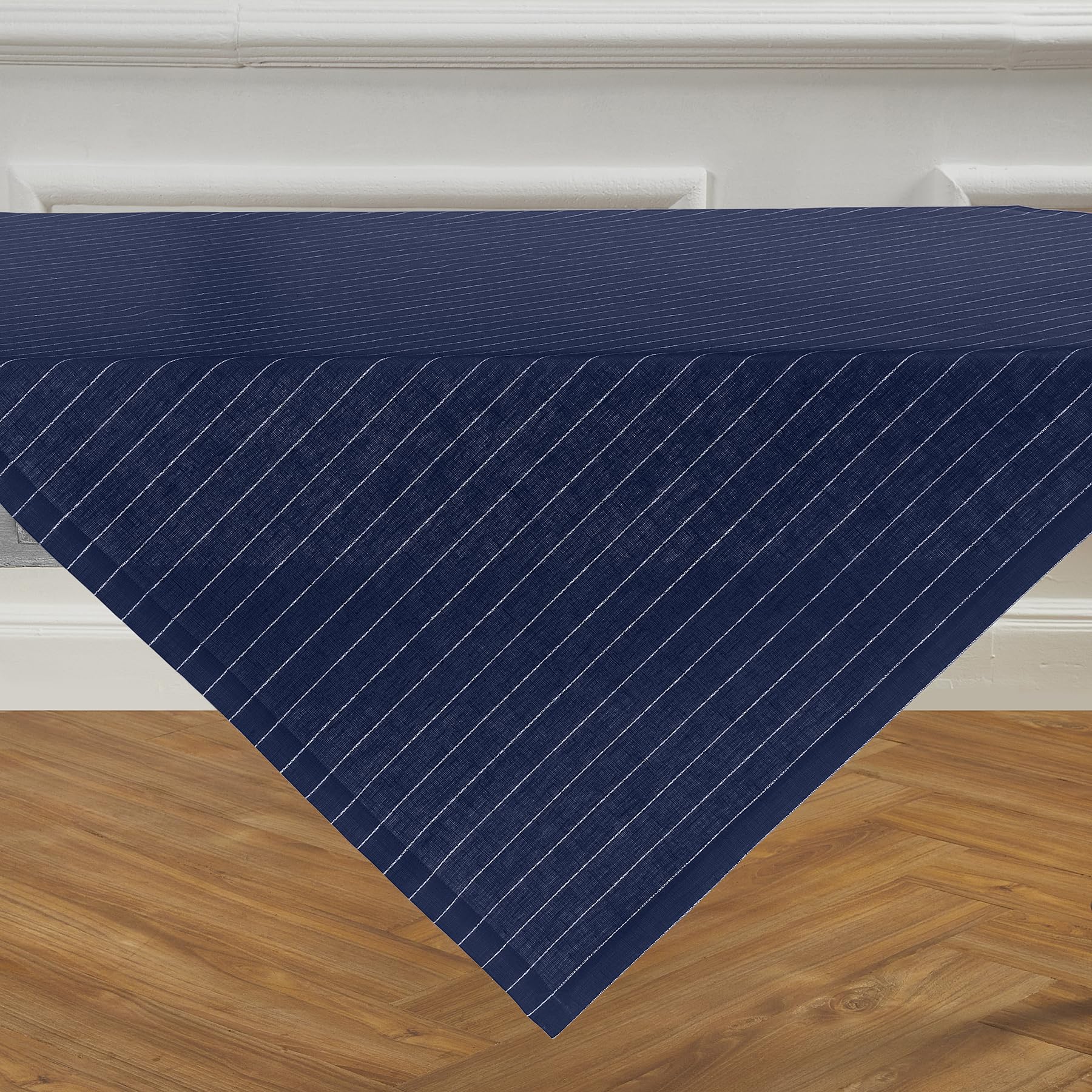 Solino Home Pinstripe Linen Tablecloth 52 X 52 Inch - 100% Pure Linen Navy And White Table Throw For Spring, Easter - Handcrafte