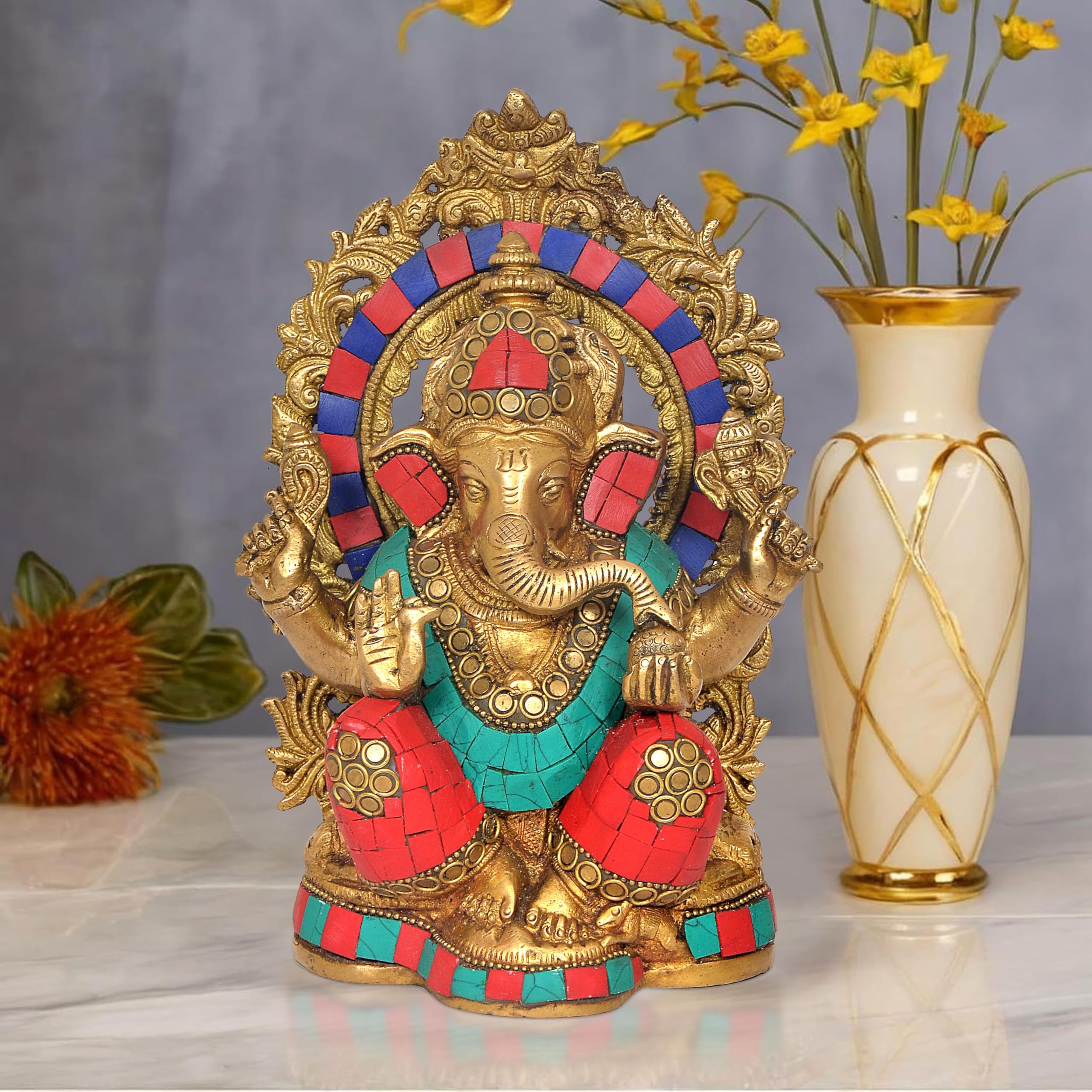 Dattatreya Brass Lord Ganesha Idol Ganesh Statue Decorative Sculpture For Home Decor Office Mandir Pooja Showpiece (Height 8 Inc