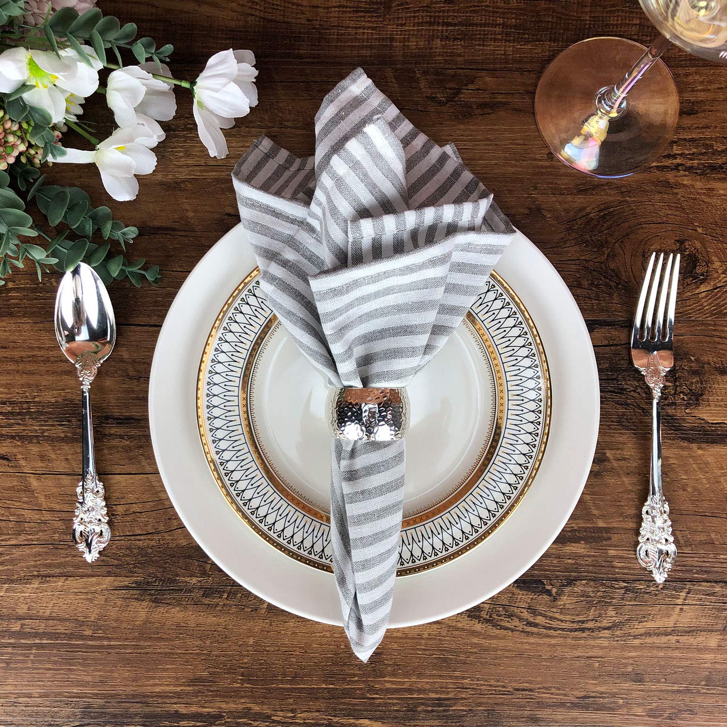 Infei Plain Striped Cotton Linen Blended Dinner Cloth Napkins - Set Of 12 (40 X 30 Cm) - For Events & Home Use (Grey)