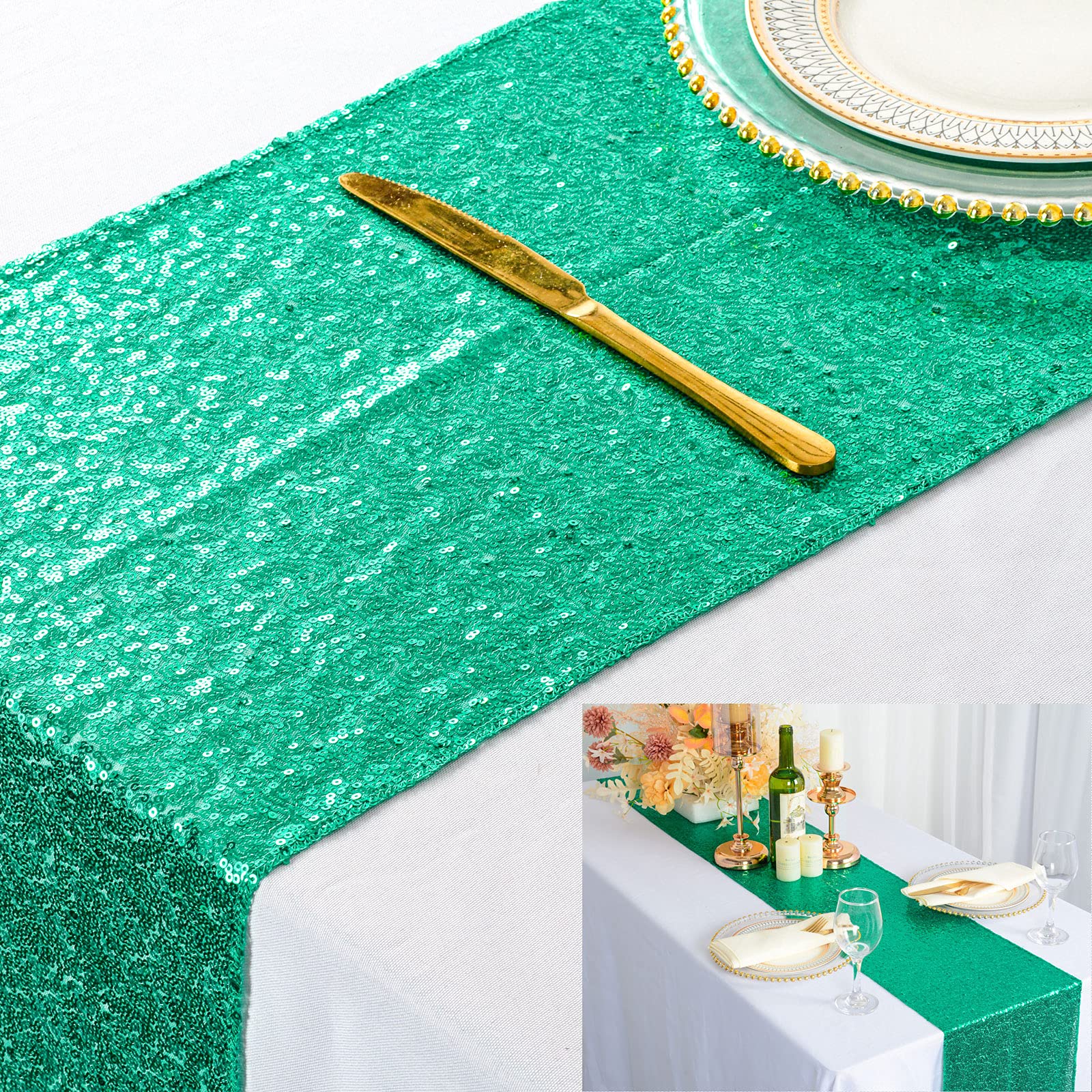 Shinybeauty 12'' X 108'' Sequined Table Runner Shiny Green Glitter Table Runner For Party Green Table Runner For Dining Room Chr