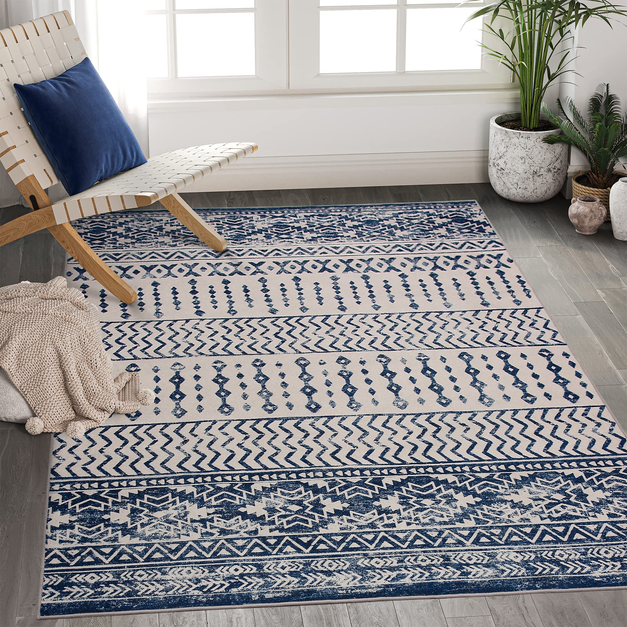Art&Tuft Area Rug 5x7, Super Soft Ultra-Thin Moroccan Washable Rug, Anti-Slip Backing Rugs for Living Room, Foldable Geometric M