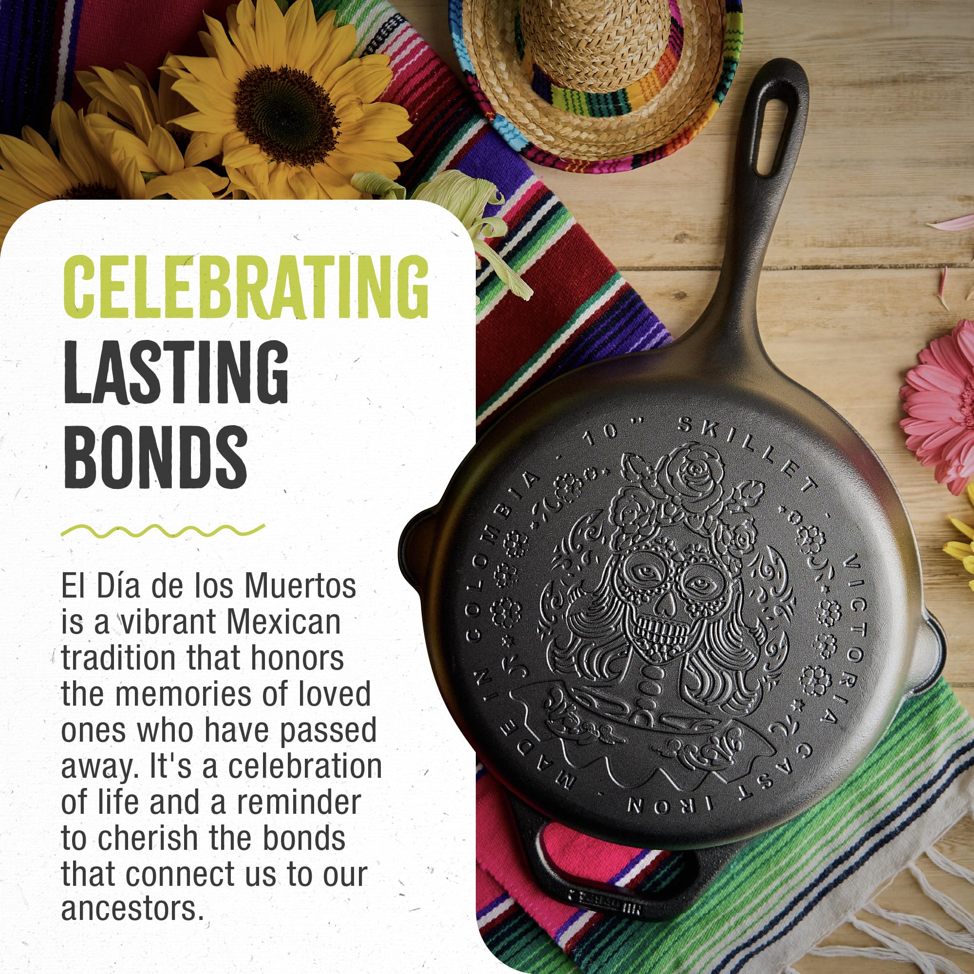 Victoria Cast Iron Skillet, 10-Inch, Day of the Dead - Catrina, Seasoned Frying Pan, Model SKL-050E, Made in Colombia