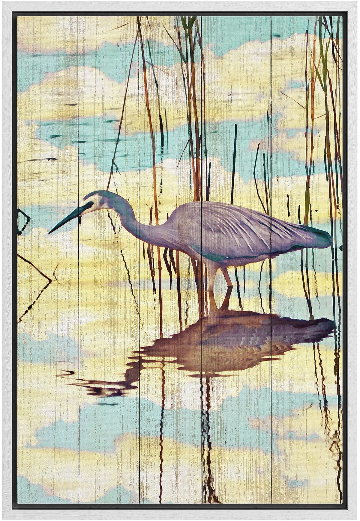 Wall26 Framed Canvas Print Wall Art Pastel Blue Cloud Sky Crane Bird Swamp Nature Wilderness Illustrations Modern Art Decorative