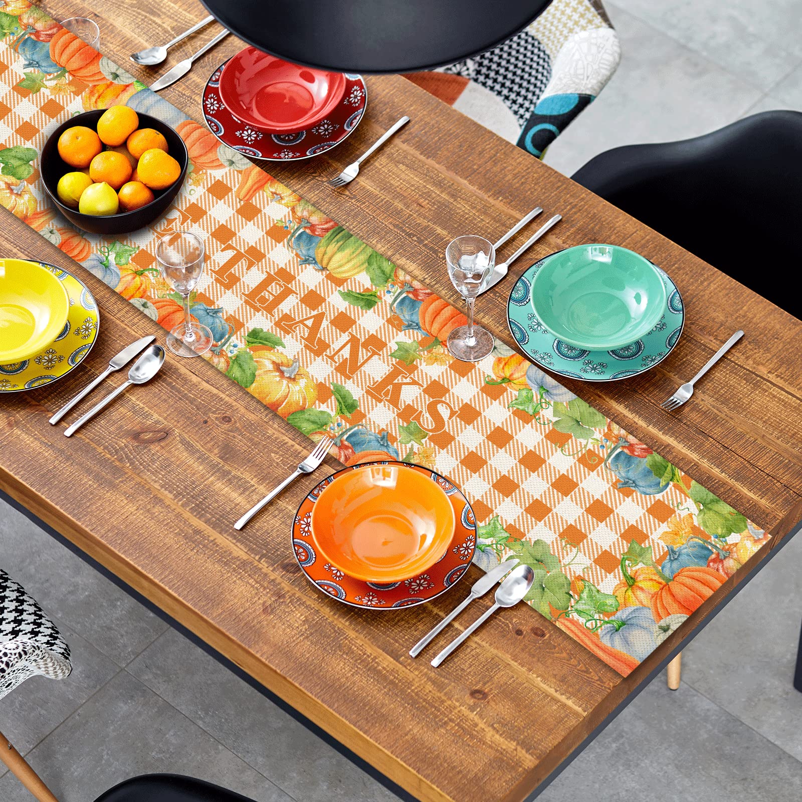 Yovoyoa Happy Thanksgiving Give Thanks Fall Table Runner, Buffalo Check Plaid Fall Harvest Pumpkins Burlap Kitchen Dining Room T