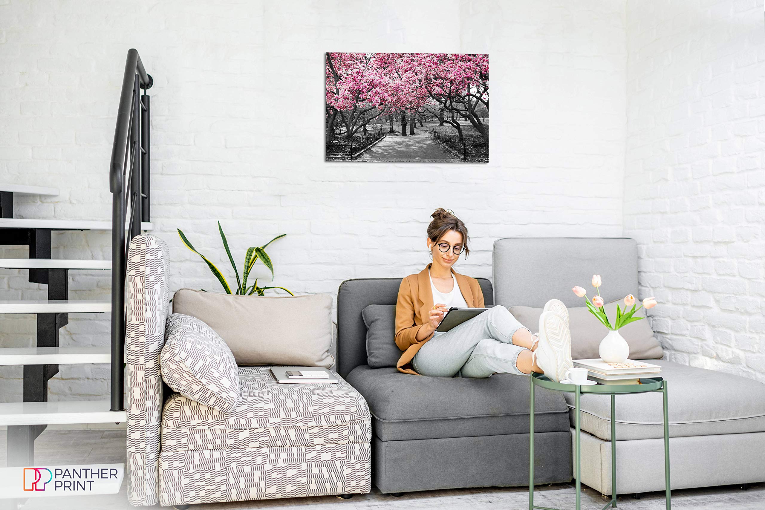 Panther Print, Canvas Wall Art, Pictures For Living Room And Bedroom, Black & White, Pink Blossoms Framed Prints For Walls, Prin