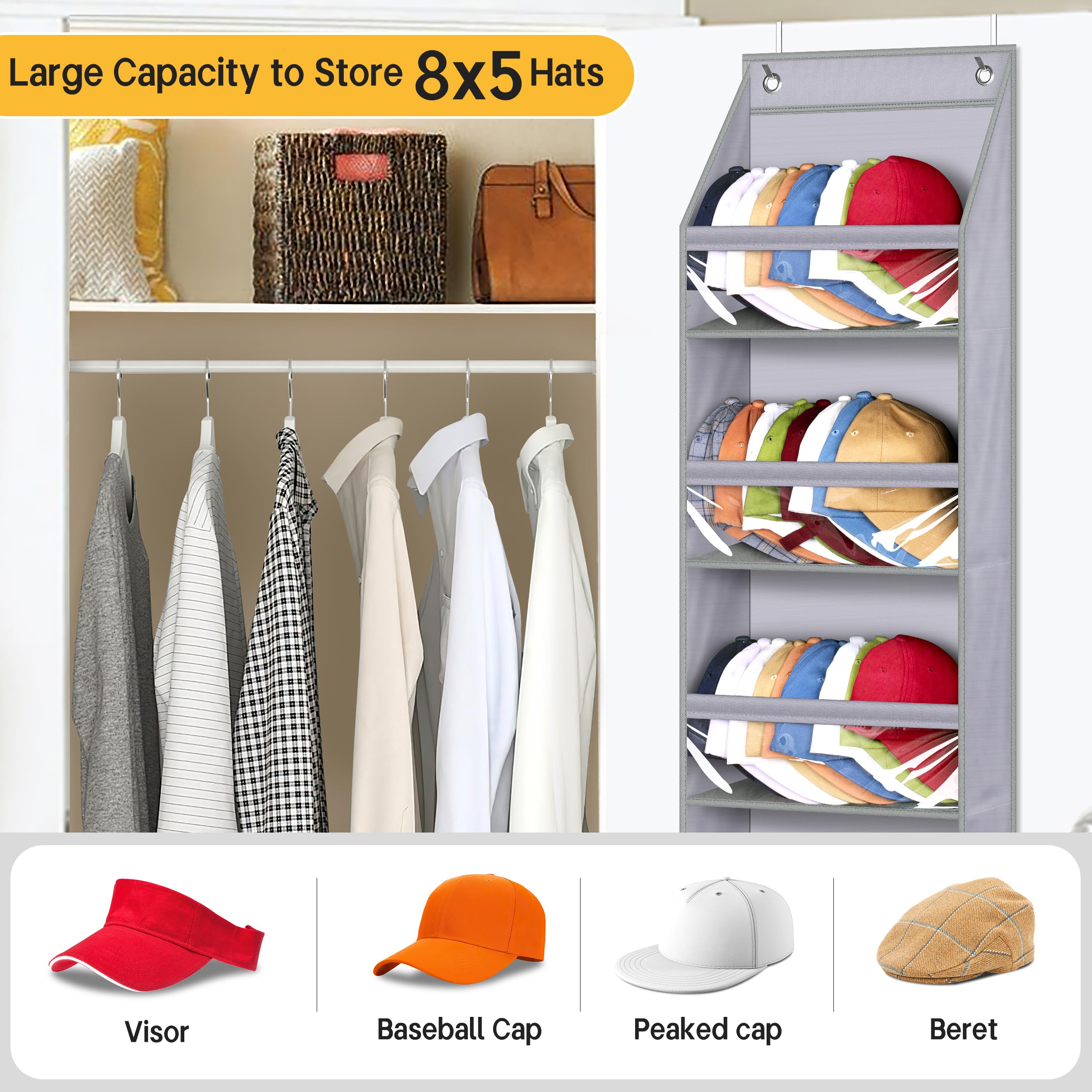 Sleeping Lamb Narrow Door Hat Organizer For Baseball Caps, Baseball Hat Rack For Closet/Wall Hold 40 Hats Storage Holder Clear H