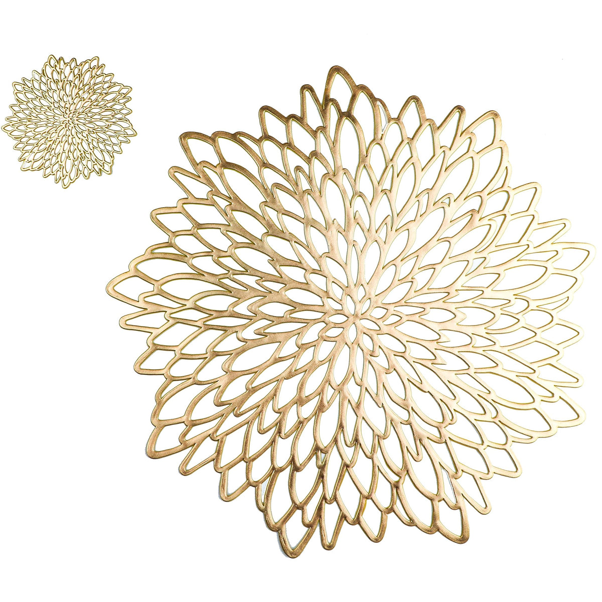 Snowkingdom 4 Pairs Gold Placemats & Coasters 8 Pcs Matching, Golden Metallic Pressed Vinyl For Dinning Table Place Mats Round F