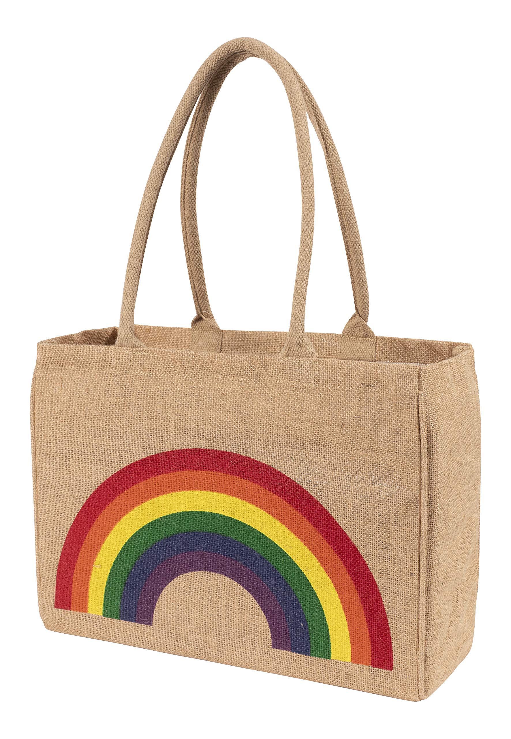 Kaf Home Jute Market Tote Bag, Rainbow Print, Durable Handle, Reinforced Bottom And Interior Zipper Pocket