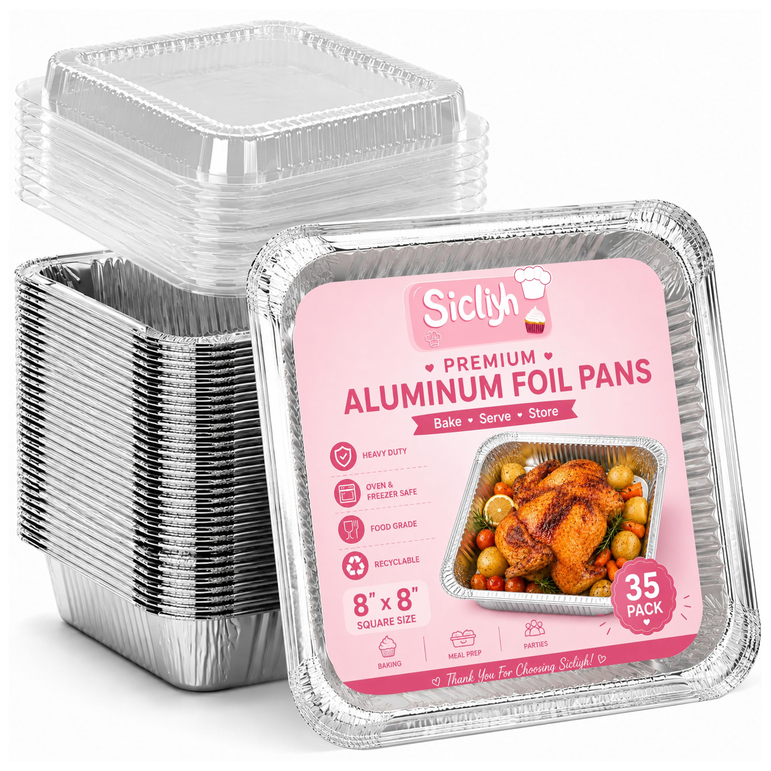 Sicliyh 35 Pack 8x8 Aluminum Foil Pans with Clear Lids, Heavy Duty Disposable Square Baking Pans for Meal Prep, Casseroles, Food