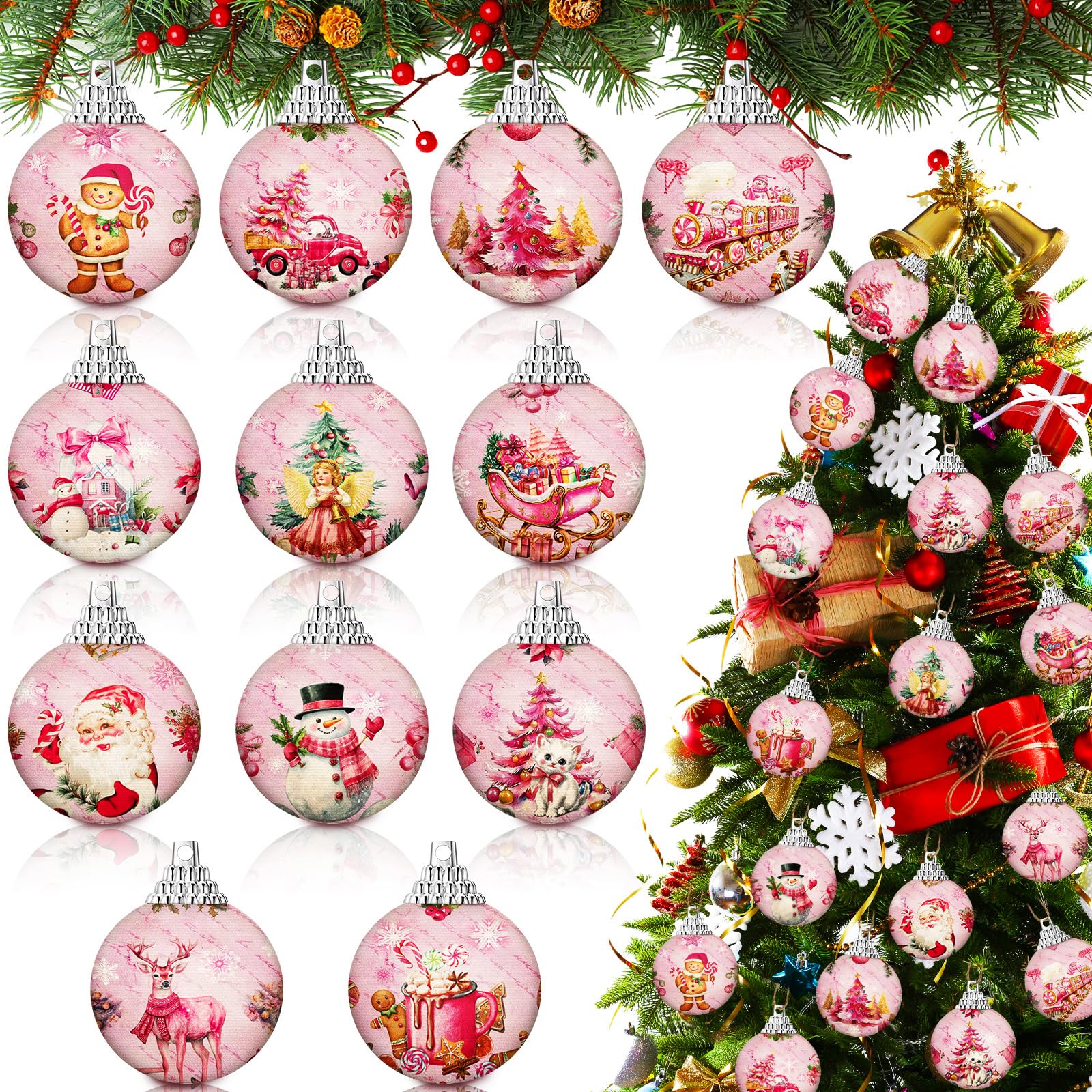 Outus 24 Pcs Christmas Tree Ornaments Ball Vintage Pink Christmas Decorations for Tree Vintage Style Santa Claus Snowman Hanging