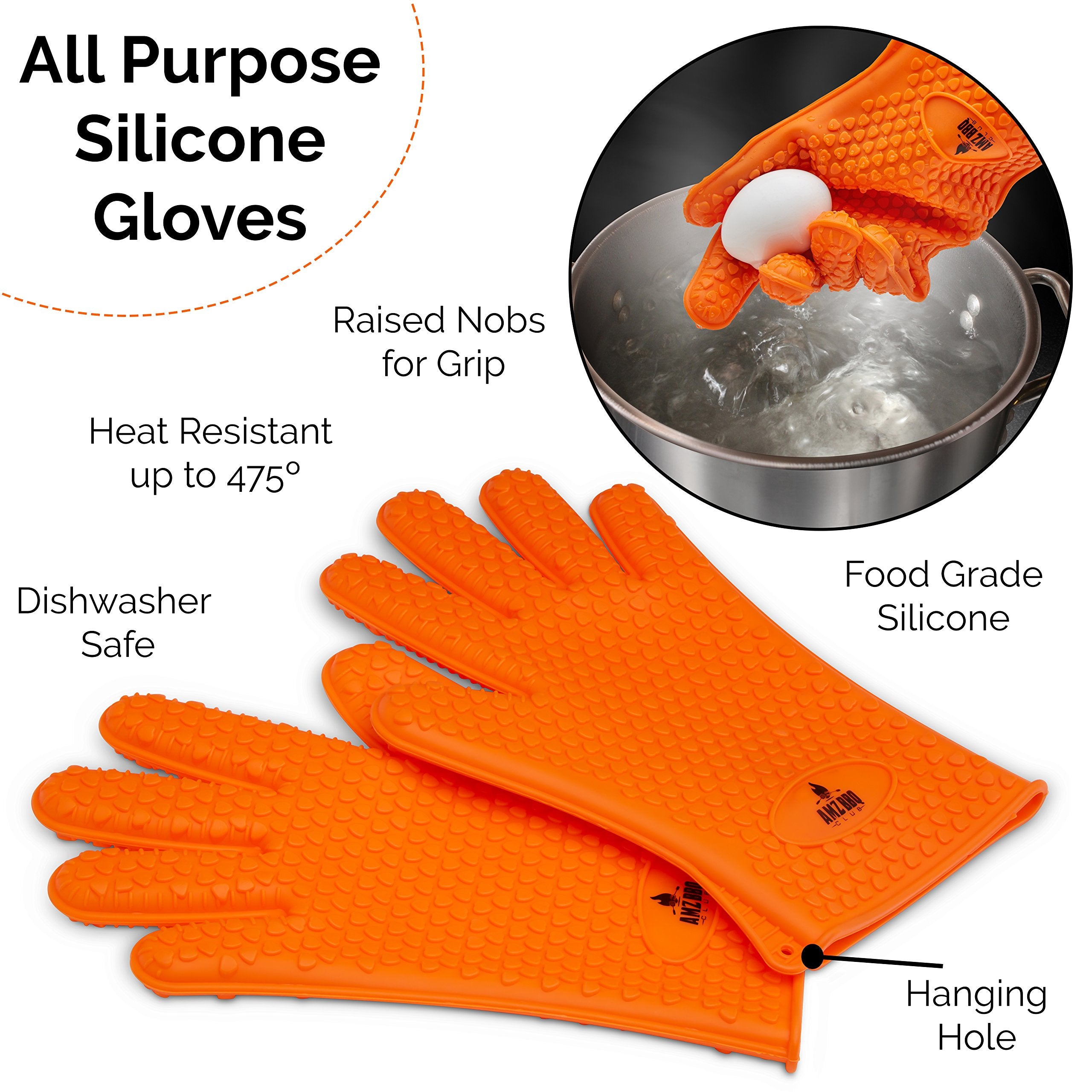 AMZ BBQ CLUB - Meat Claws Bbq Grill Accessories Set - 2 Silicone Gloves  Claws For Pulled Pork  BBQ Thermometer - Perfect Smoker Accessories Grilling Tools Gift Set For (Orange Glove-Thermometer-Claw)