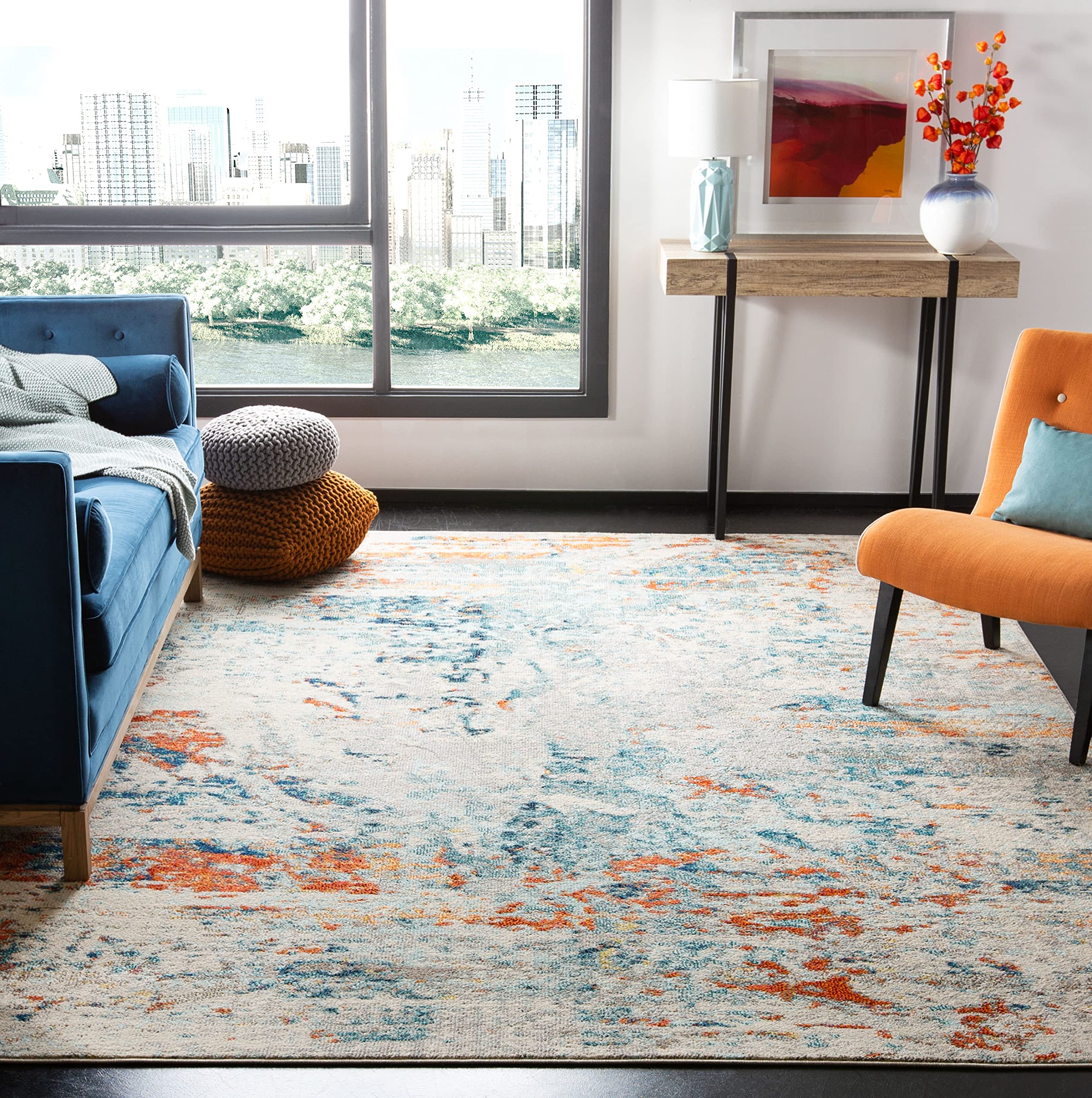 SAFAVIEH Madison Collection Accent Rug - 4 x 6, Cream & Orange, Modern Abstract Design, Non-Shedding & Easy Care, Ideal for Hi
