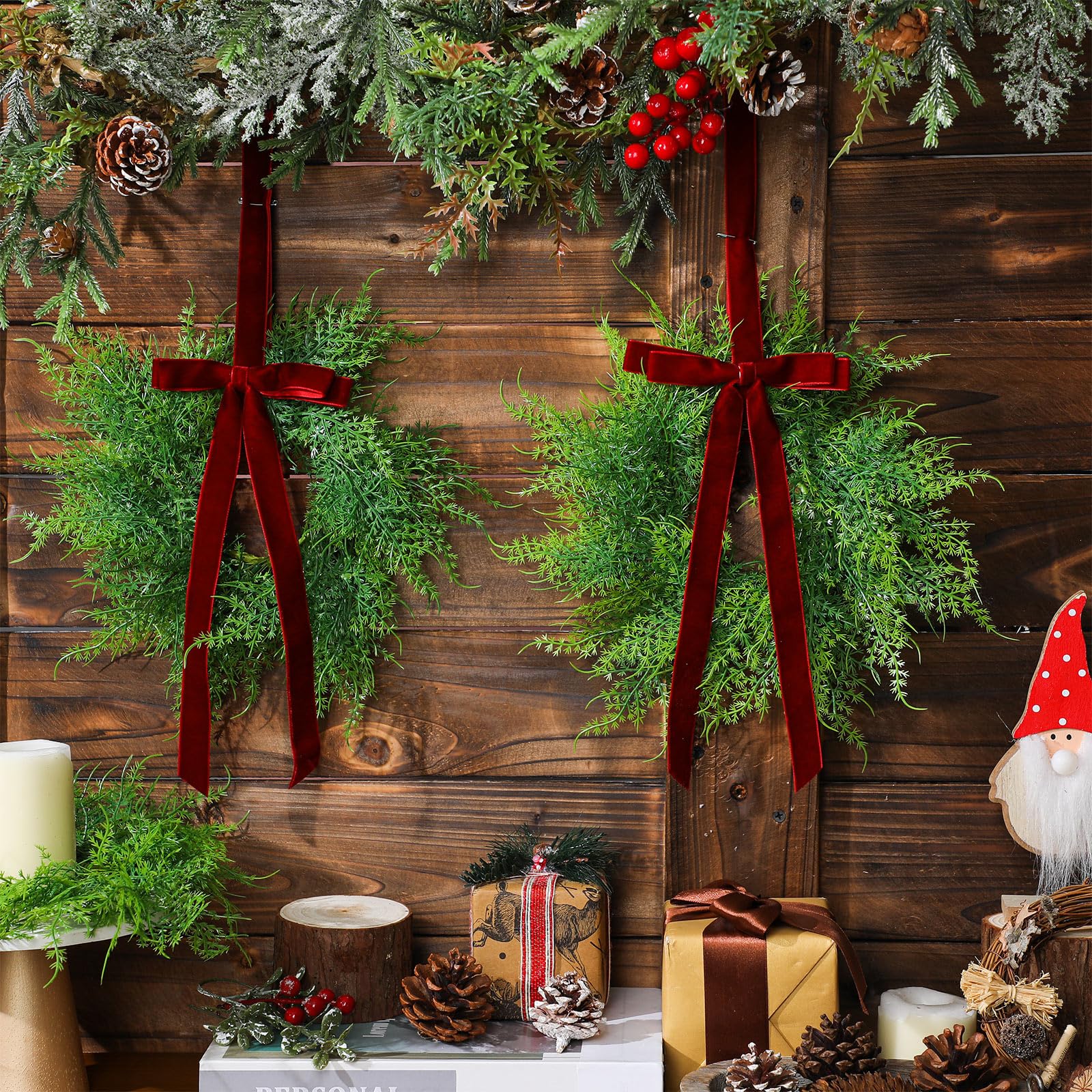 XunYee 8 Pack Small Christmas Wreath for Cabinet Home Kitchen Whimsical Decor with Velvet Bow 11 Persian Grass Lime Green Green