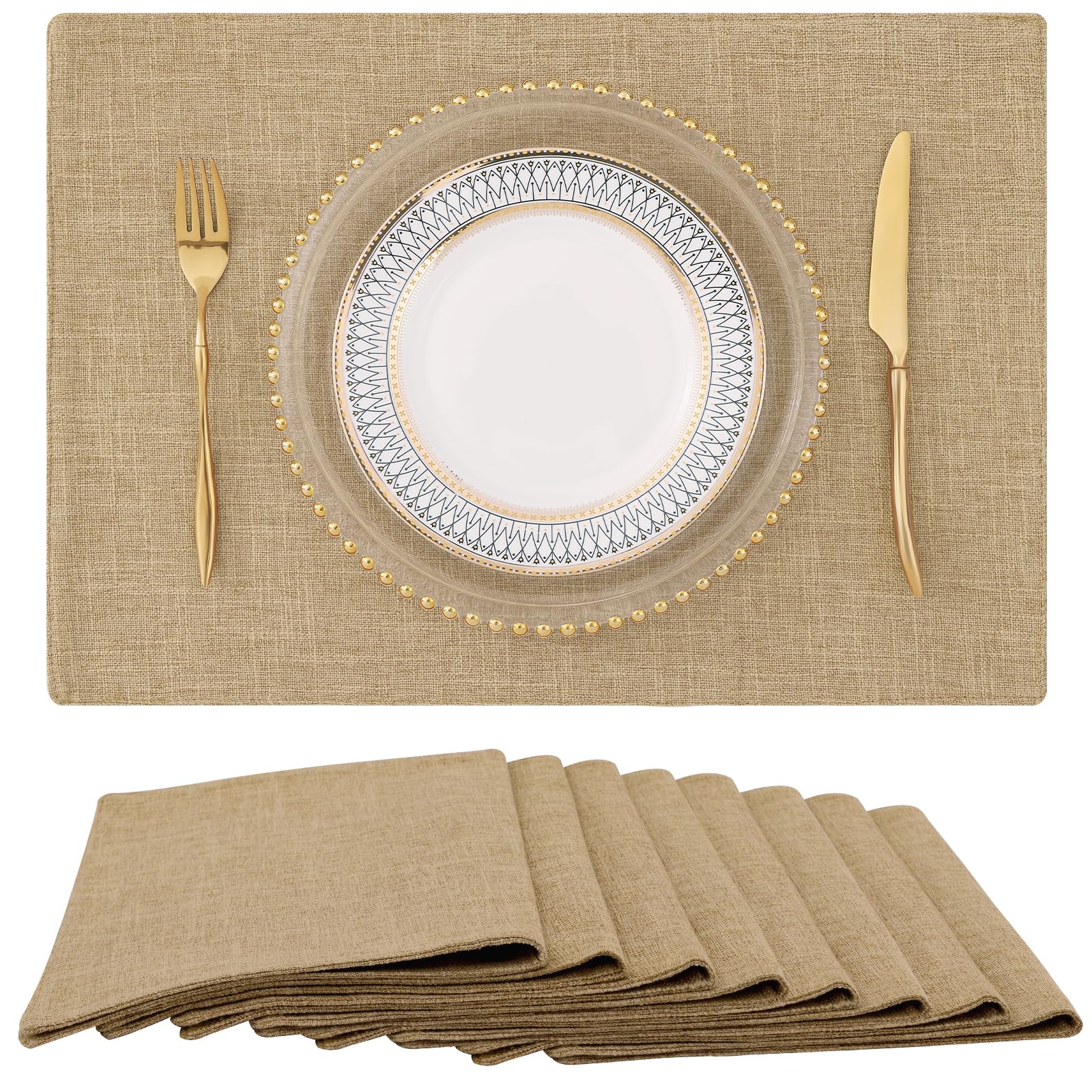 Homing Flaxen Cloth Placemats Set Of 8 - Cotton Linen Blend Washable Dining Table Mats For Indoors & Outdoors, Easy To Clean, 13
