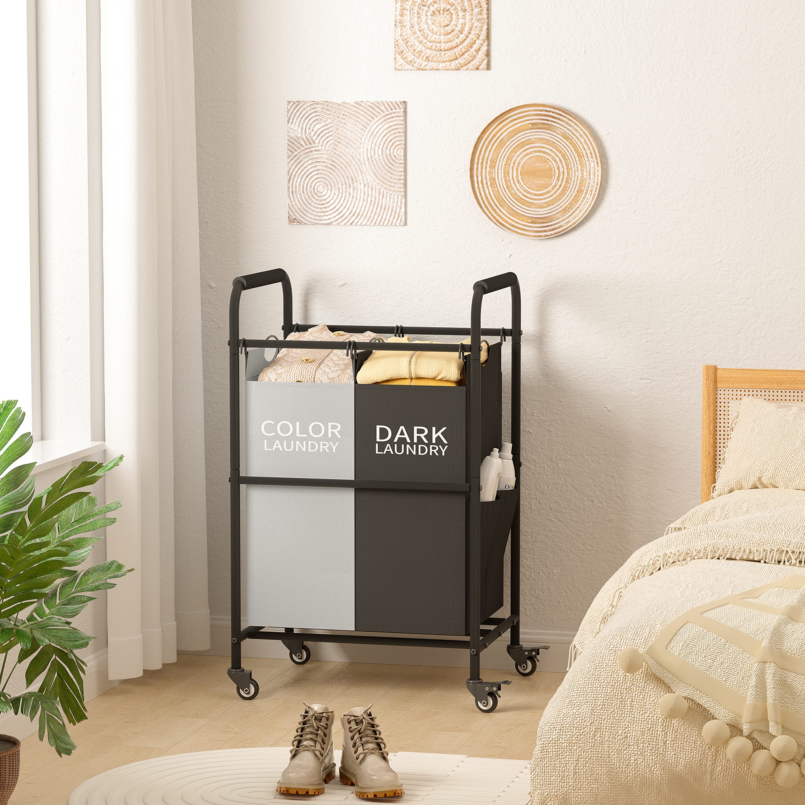 Tajsoon 2 Bag Laundry Sorter Cart, Laundry Hamper Sorter Basket With Heavy Duty Lockable Rolling Wheels For Clothes Storage, Bla