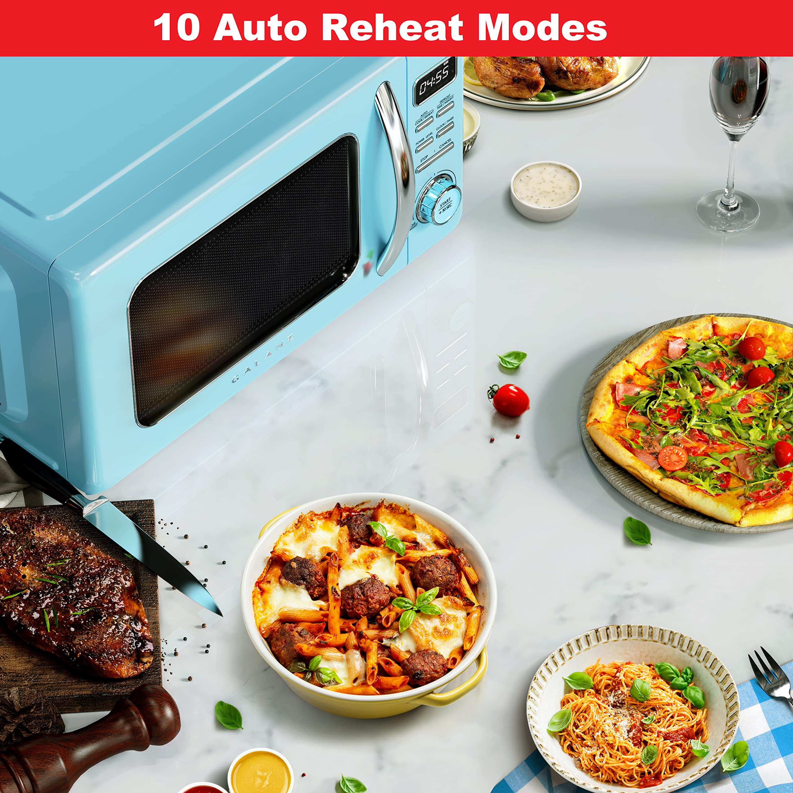 Galanz GLCMKZ11BER10 Retro Countertop Microwave Oven with Auto Cook & Reheat, Defrost, Quick Start Functions, Easy Clean with Gl