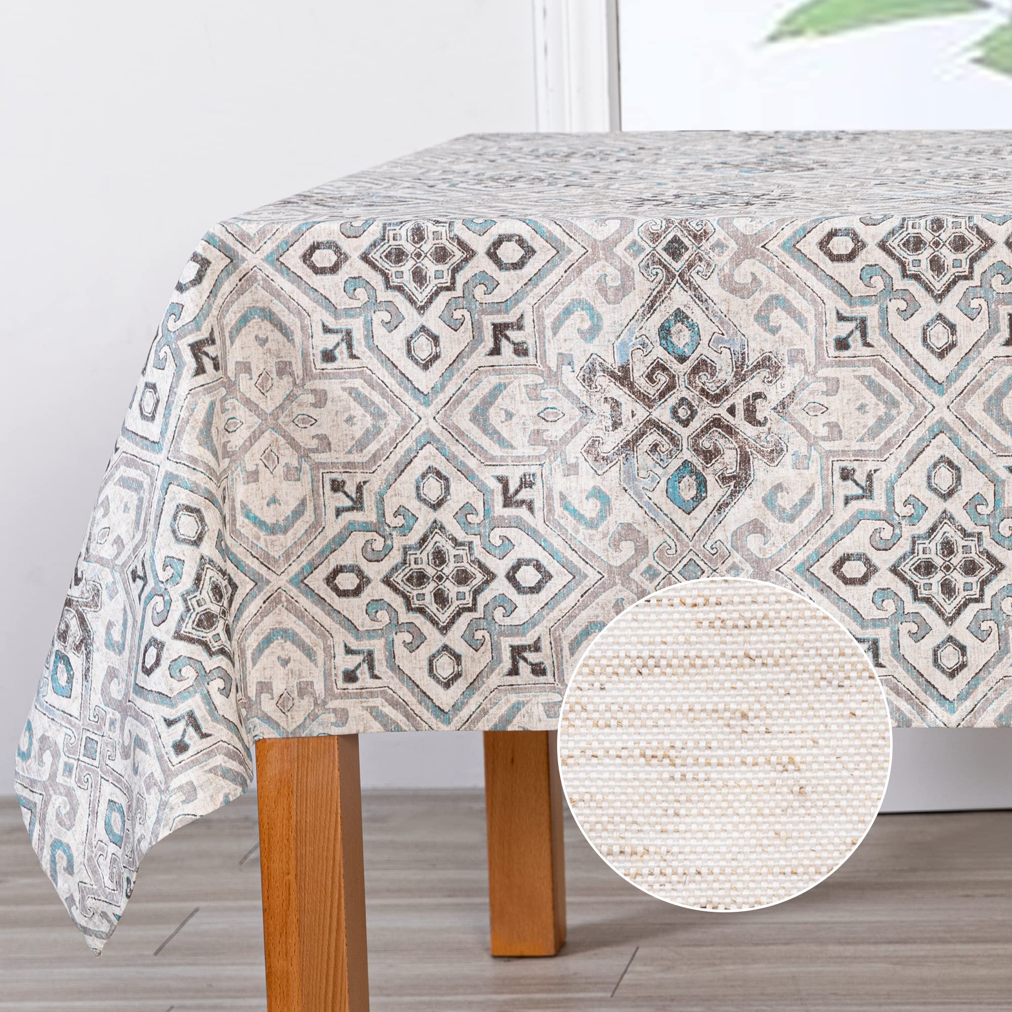 MYSKY HOME Rectangle Tablecloth 60x84 Inches -Linen Farmhouse Geometric Patterned Tablecloth Waterproof Decorative Washable Fabr