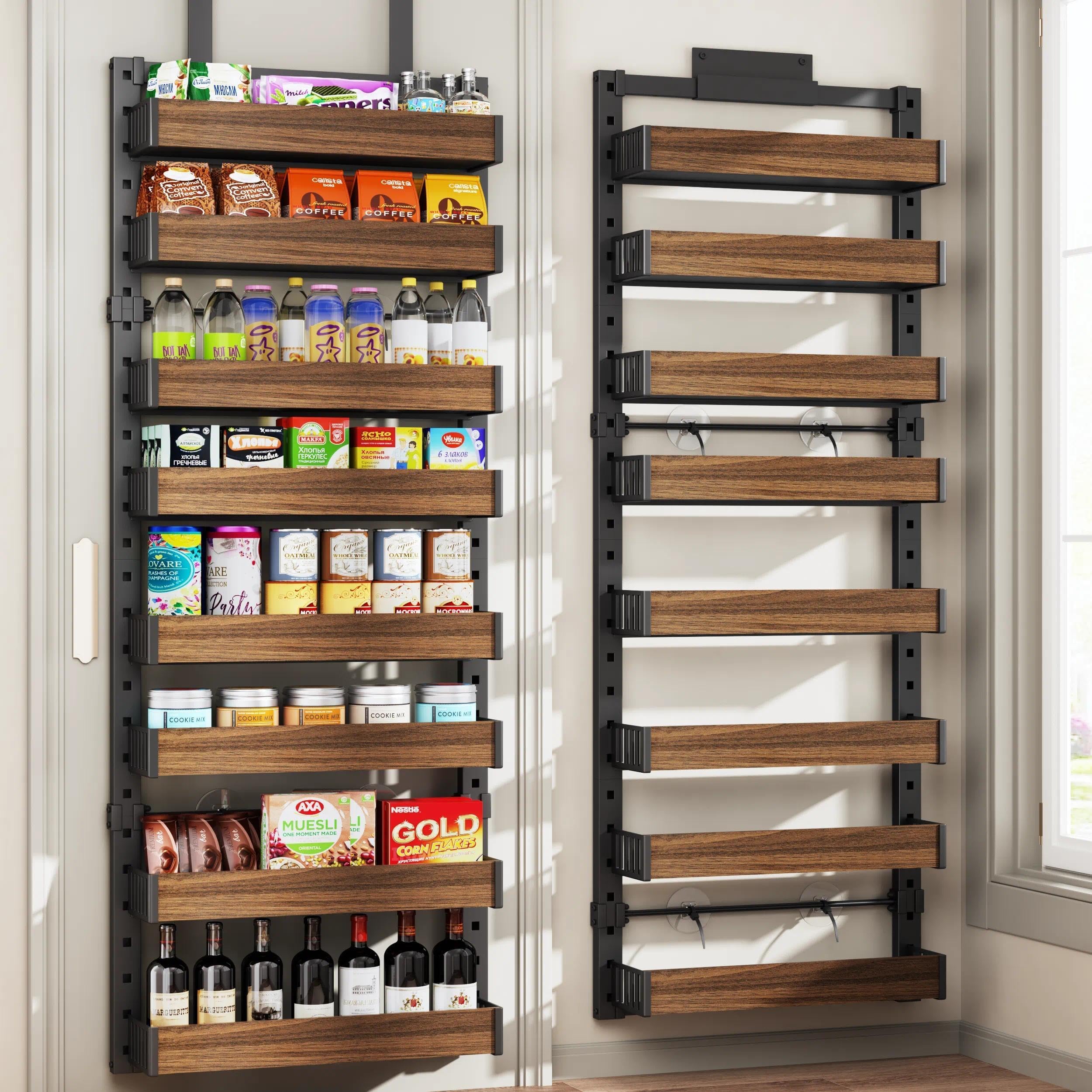 DAOTENGQL 8 Tier Over the Door Pantry Organizer with Adjustable Wooden Baskets, Heavy Duty 2 in 1 Wall Mounted & Hanging Spice R