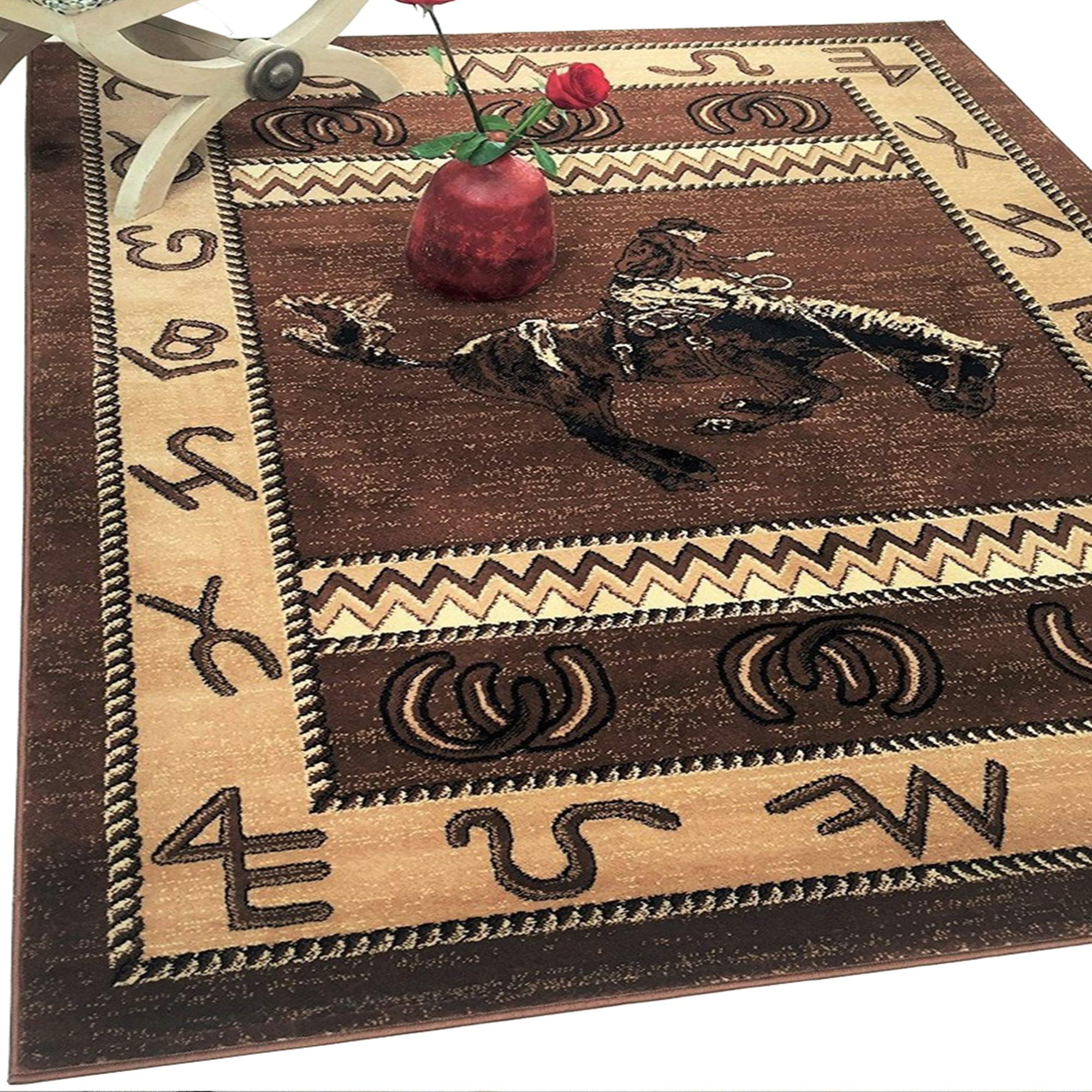 HR Cabin Rug-Lodge Cabin Nature and Animals Area Rug with Modern Geometric Design-Abstract, Chocolate Brown/Beige-Horse Riding