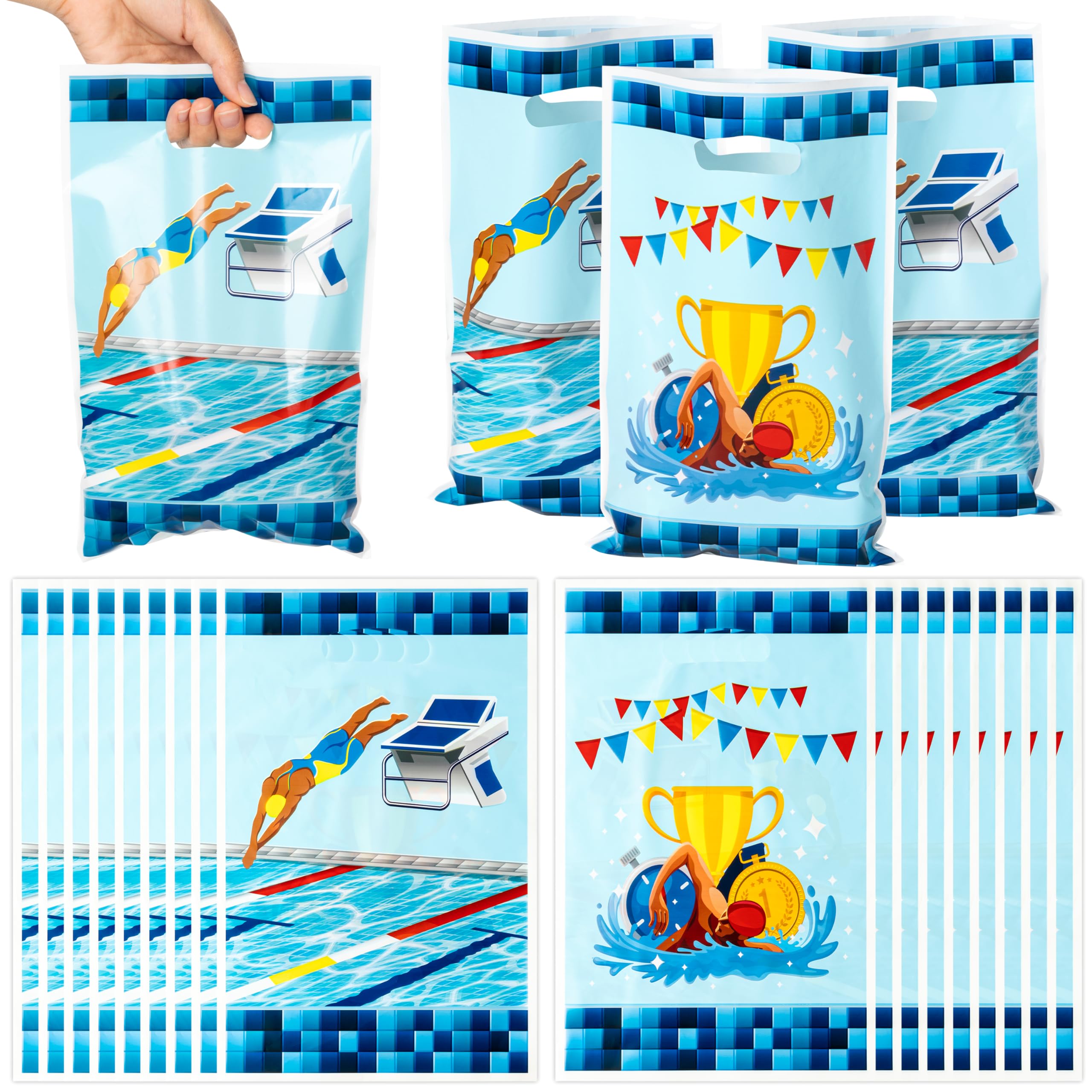 3sscha 50Pcs Swim Party Favor Bag - Swimming Competition Pool Blue Plastic Waterproof Goodie Bag Summer Aquatic Sport Rectangula