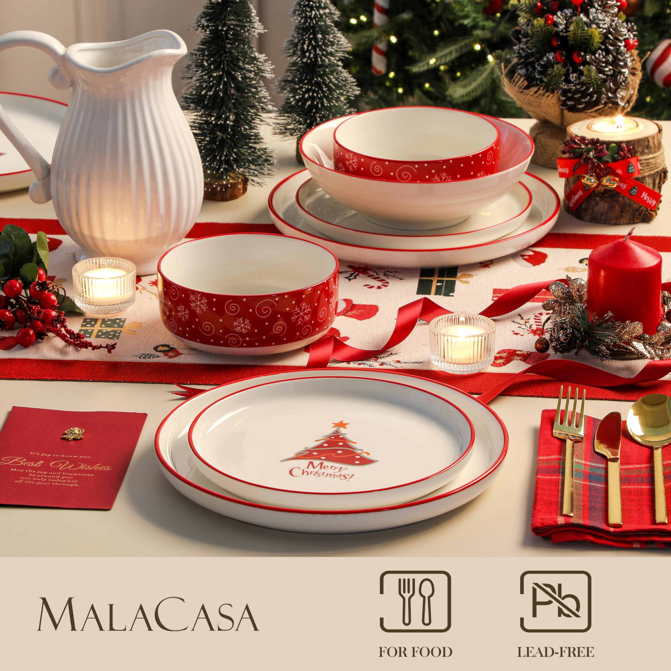 MALACASA Plates and Bowls Sets, 24 Pieces Christmas Porcelain Dinnerware Set for 8, Ceramic Dishware Dishes Kitchen Dining Ware