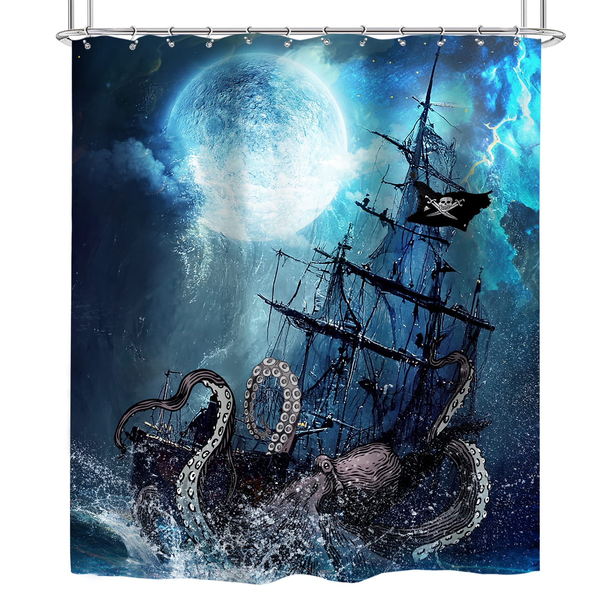 Cinbloo Navy Blue Octopus Beach Shower Curtain Nautical Kraken Anime Pirate Ship Kids Bathroom Curtain Set Sea Wave Sailboat Got