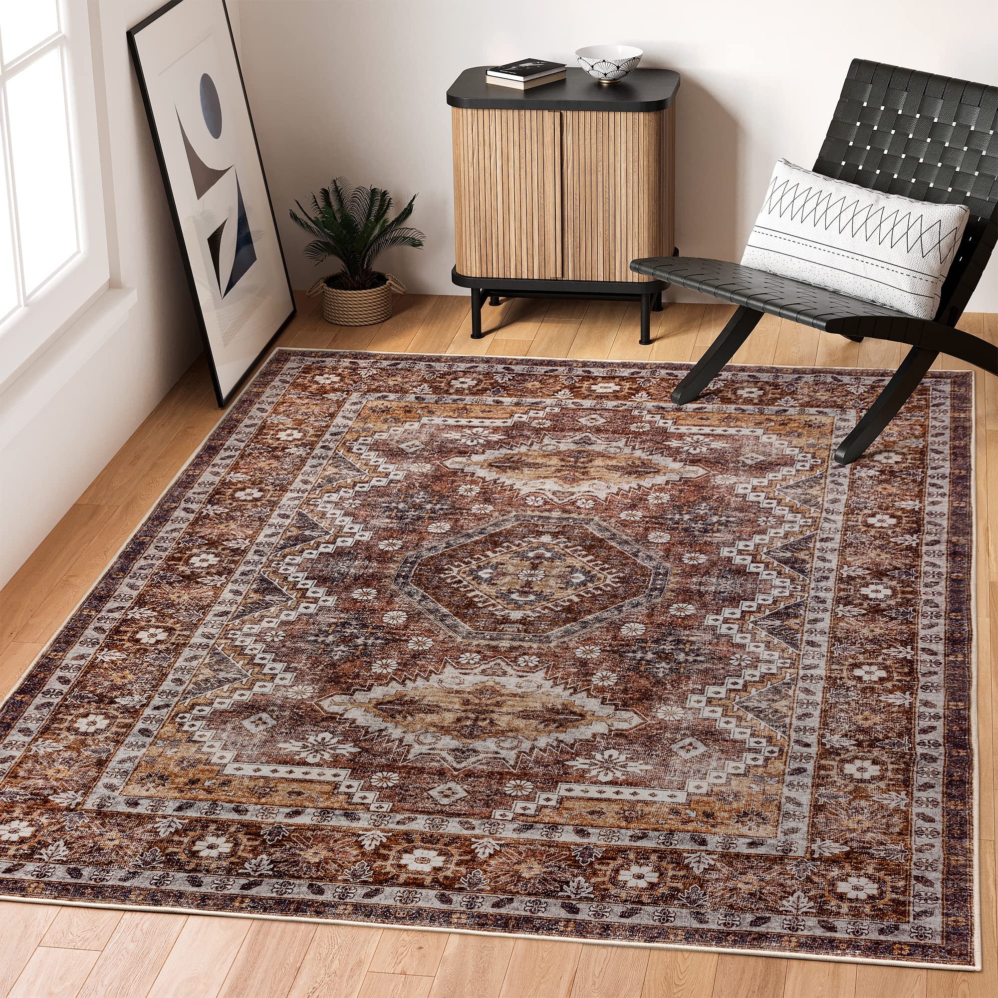 Rugland 3x5 Rug - Stain Resistant Washable Rug, Anti Slip Backing Rugs for Living Room, Vintage Tribal Area Rugs (TPR07-Rust, 3