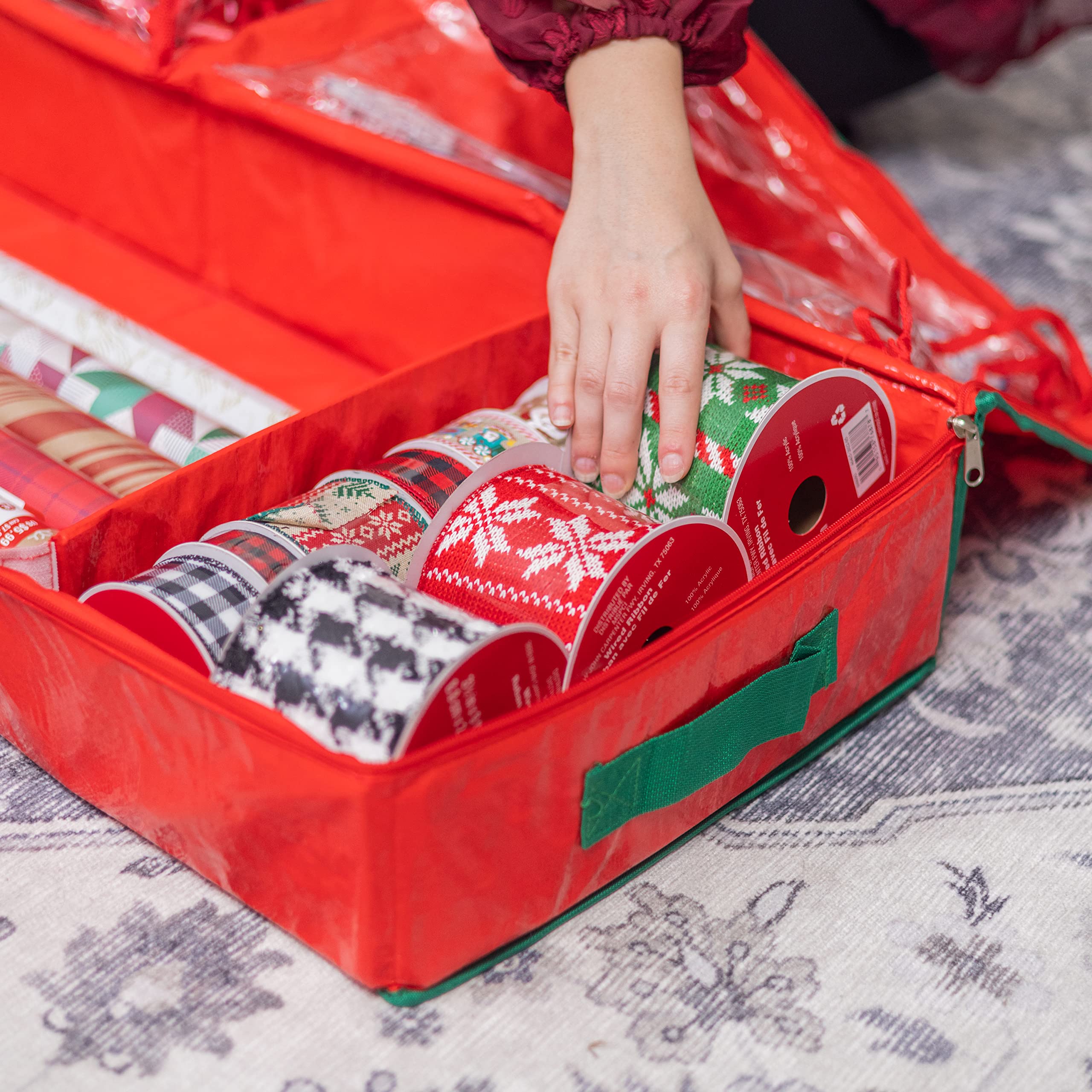 Handy Laundry Gift Wrap Storage Organizer, Red, 40” x 14” x 6”, Holds 18-24 Rolls, Durable Tarp Material, Perfect for Holiday Supplies