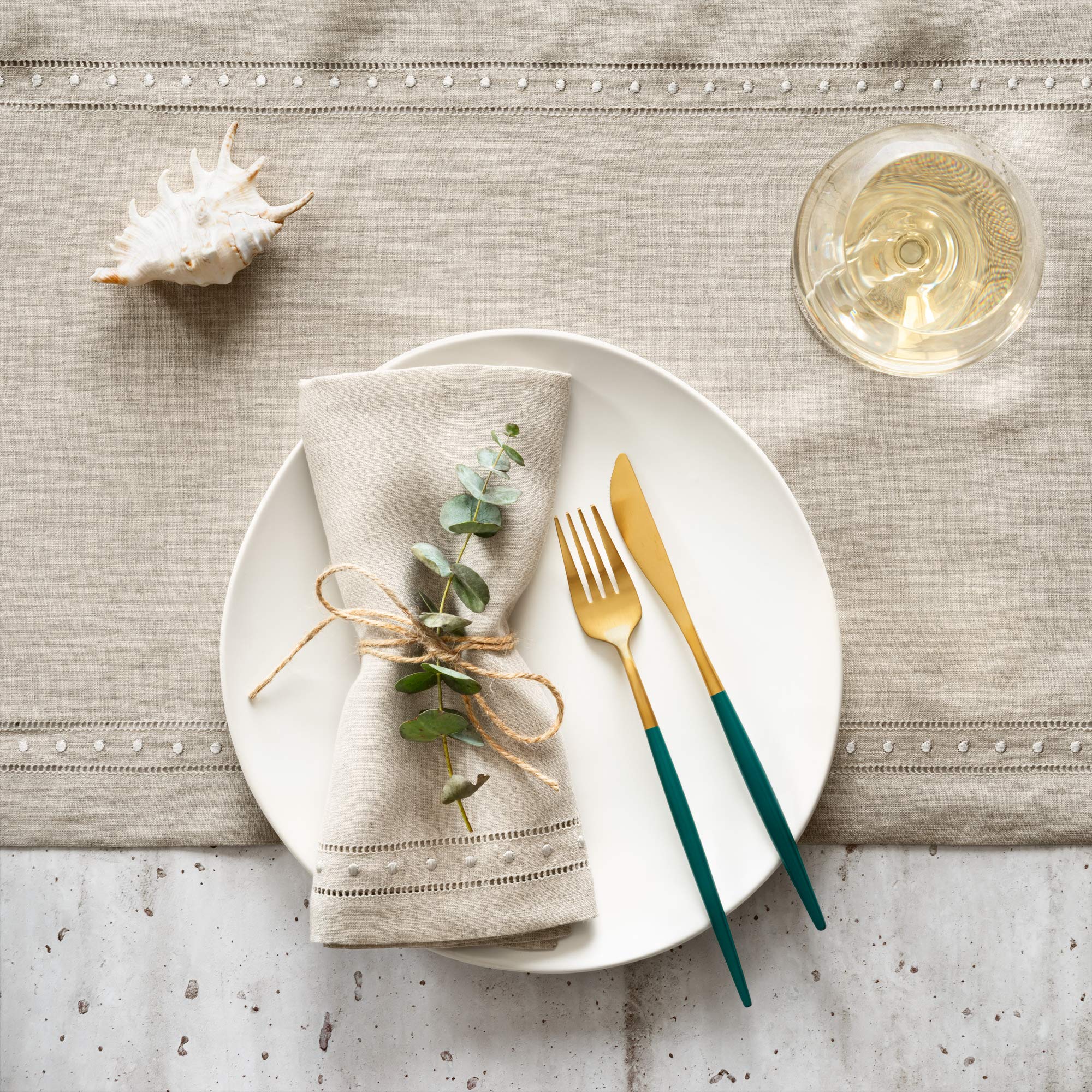 Linen Napkins Set Of 4-100% Pure Linen Natural Embroidered Dinner Napkins 18 X 18 Inch - Classic Hemstitch Cloth Napkins Washabl