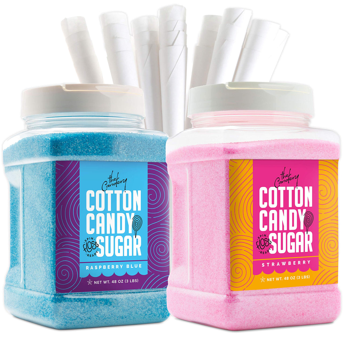 The Candery Cotton Candy Floss Sugar (2-Pack) Includes 100 Premium Cones | Raspberry Blue And Strawberry | Plastic, Reusable Jar