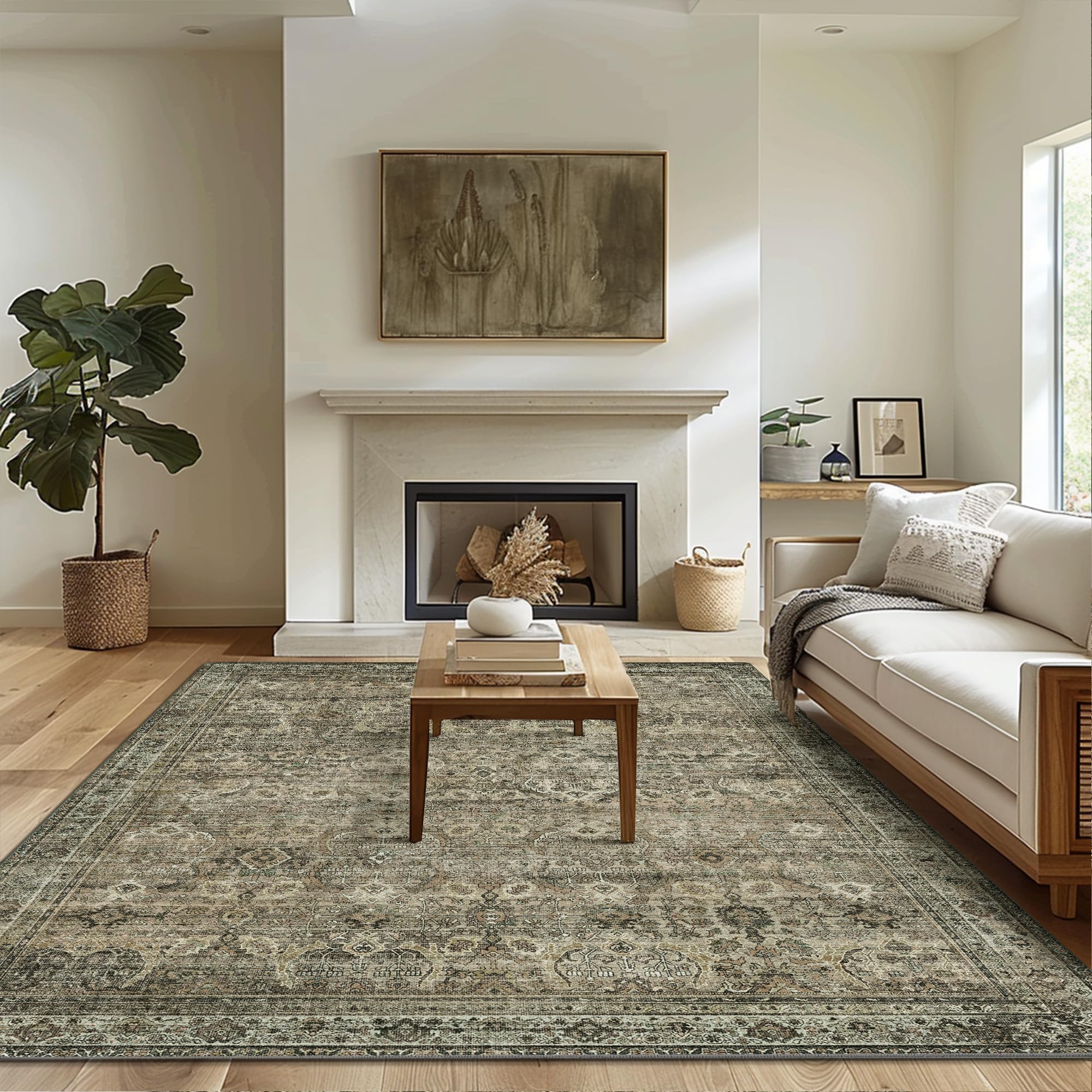 Bavni Area Rug 8x10 Machine Washable Vintage Distressed Print Ultra-Thin Chenille Bedroom Living Room Accent Rug, Low Pile Light