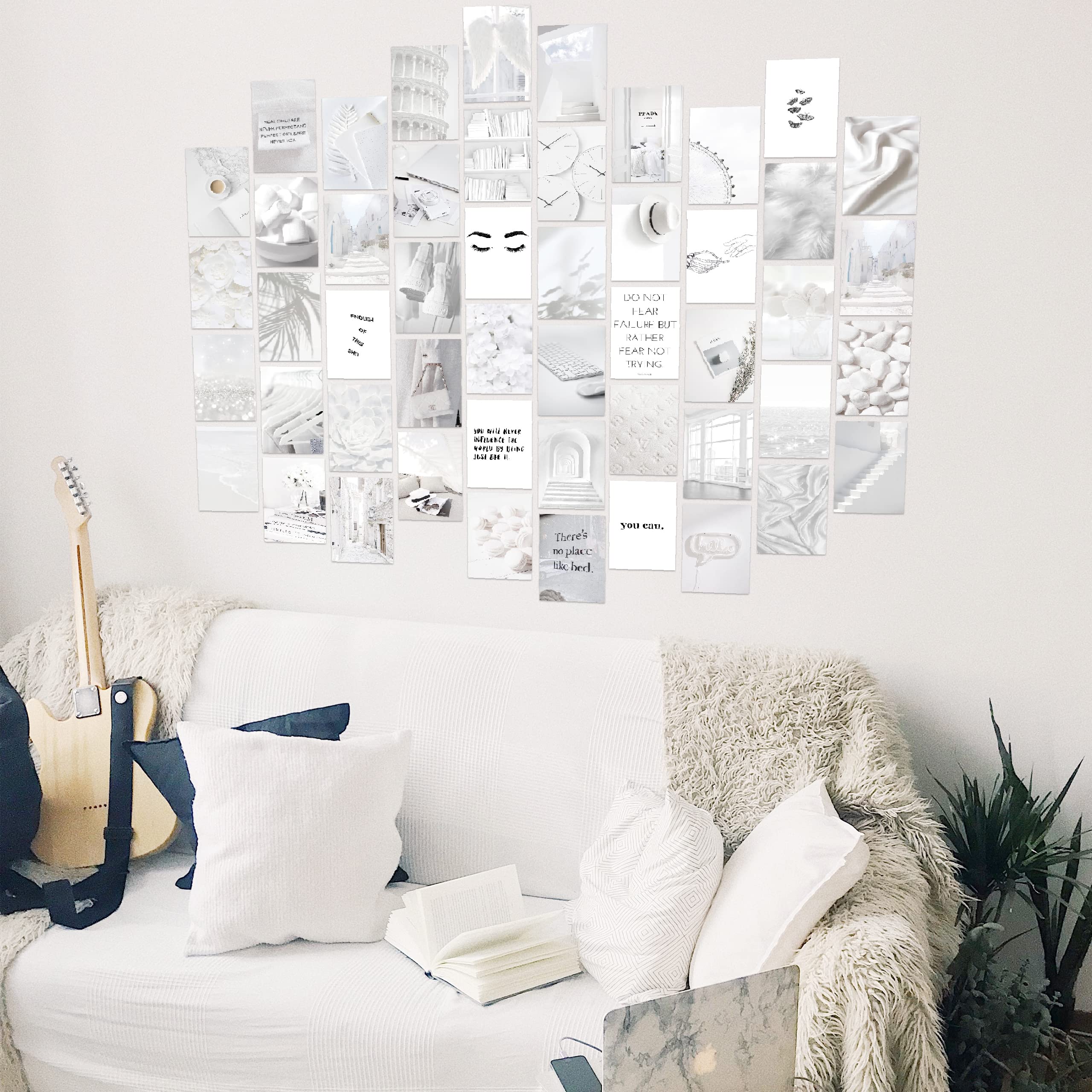 White Photo Collage Kit For Wall Aesthetic | Minimalist White And Grey Wall Posters For Teen Girl Dorm Room Decor | 50 Set 4X6 I