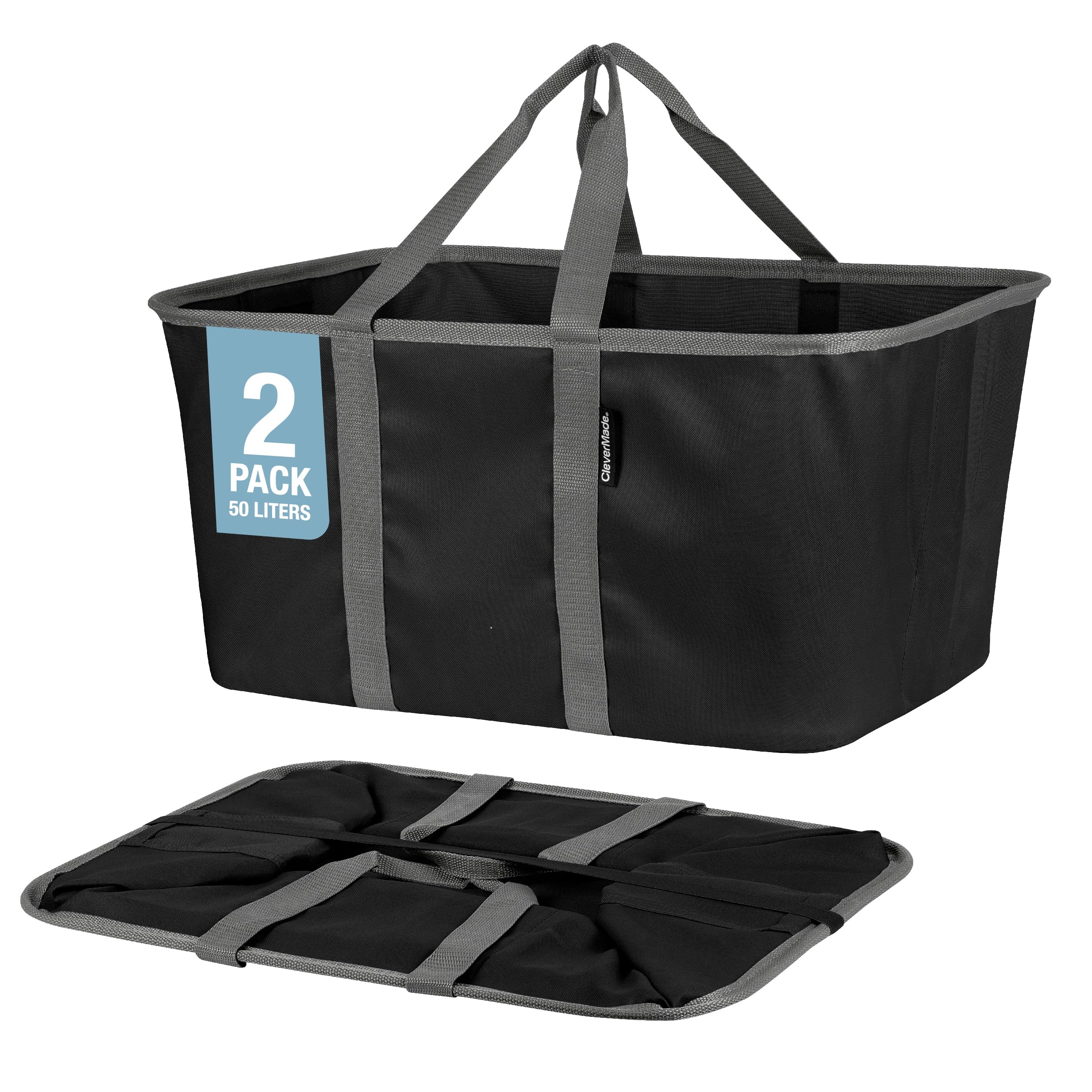 Clevermade Collapsible Laundry Tote, Midnight Black/Shadow Gray 2Pk - 50L (13 Gal) Collapsible Laundry Baskets With Sturdy Pop-U