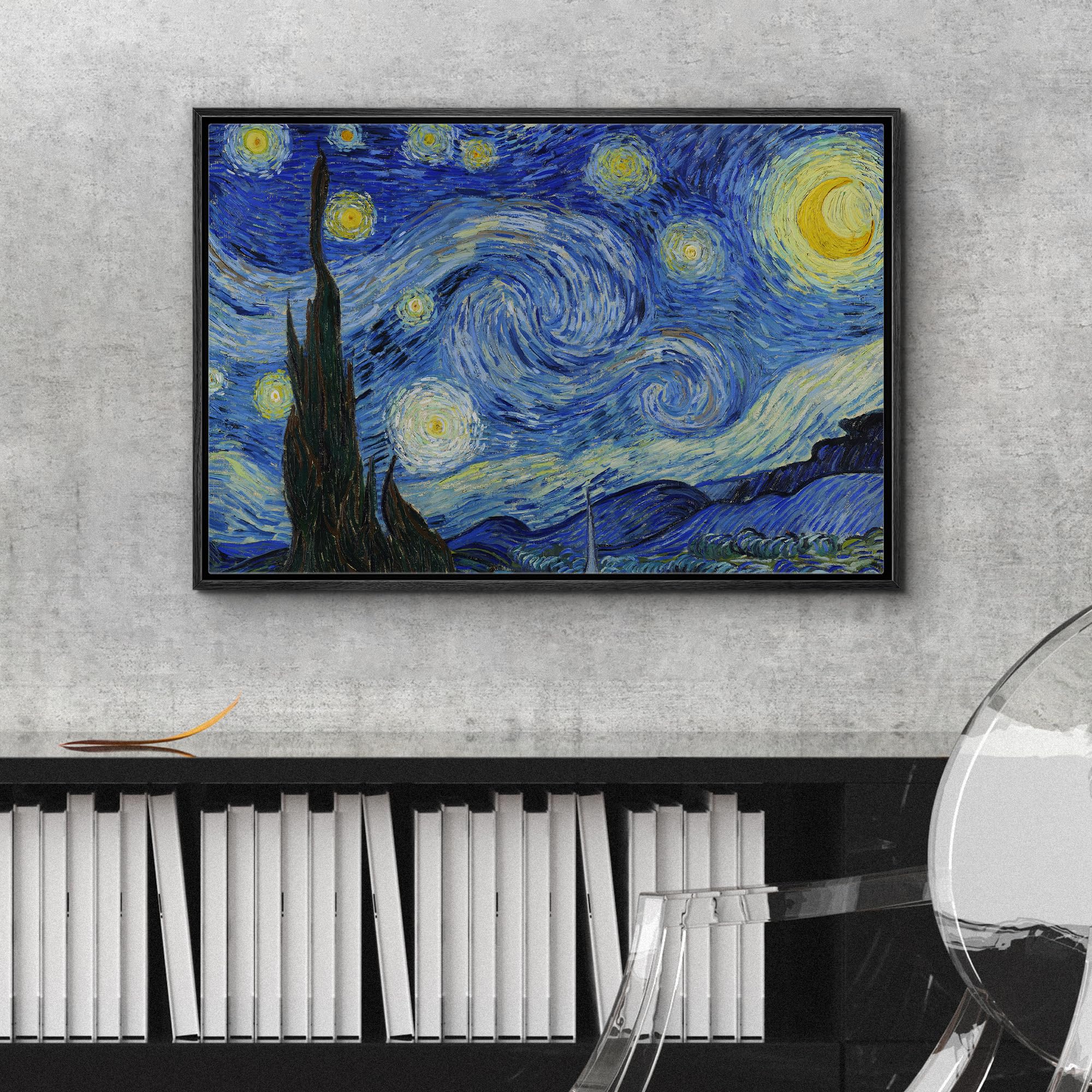 Wall26 - Starry Night By Vincent Van Gogh - Framed Canvas Art Wall Art - 24''X36'' Black