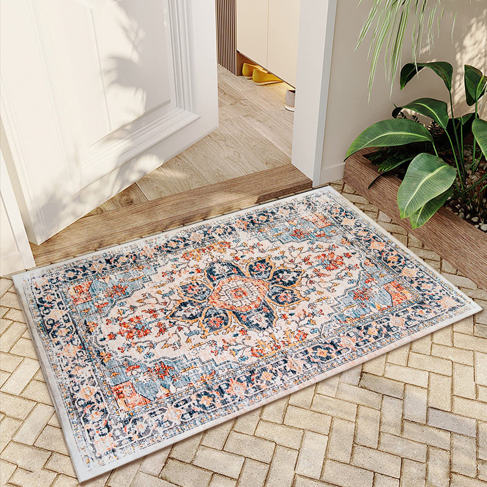 VK VKLIVING Entryway Washable Rug 2x3 Small Boho Bathroom Throw Area Rug Non Slip Backing Doormat Indoor Front Door Rug Machin